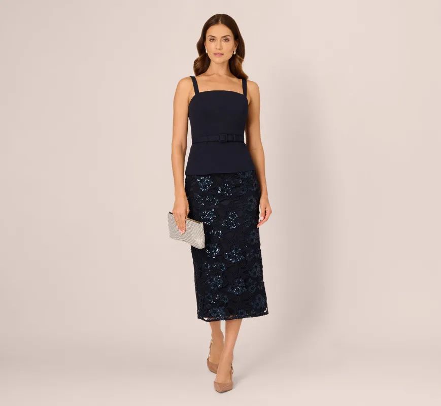 Sleeveless Sequin Lace Combo Midi Dress In Midnight sold by Adrianna Papell