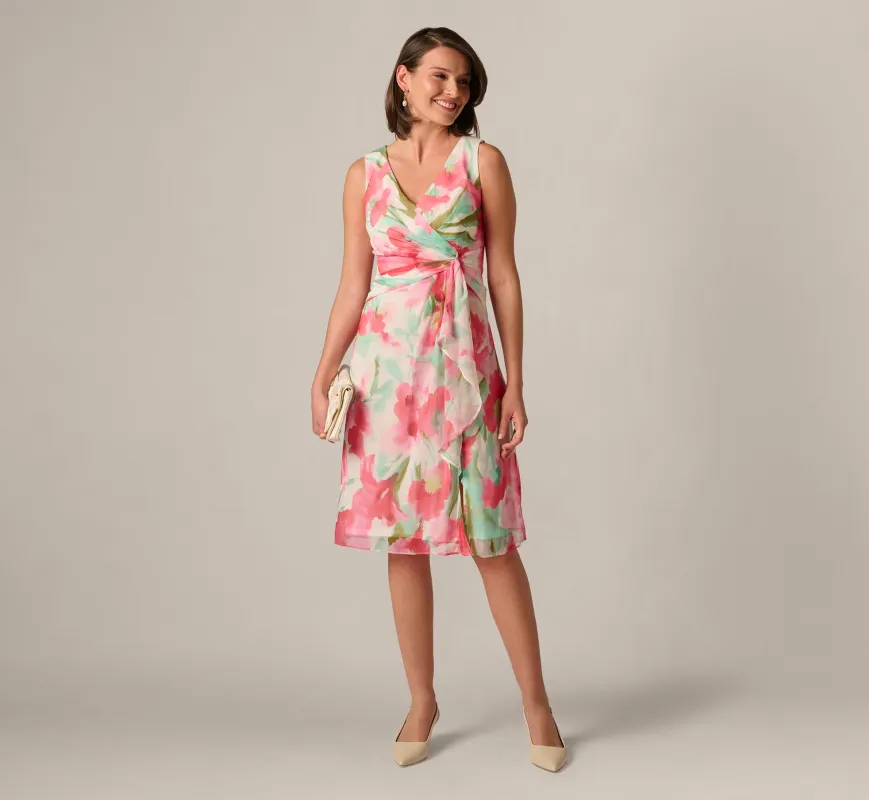 Sleeveless Draped Floral Chiffon Midi Sheath Dress In Coral Green Multi sold by Adrianna Papell