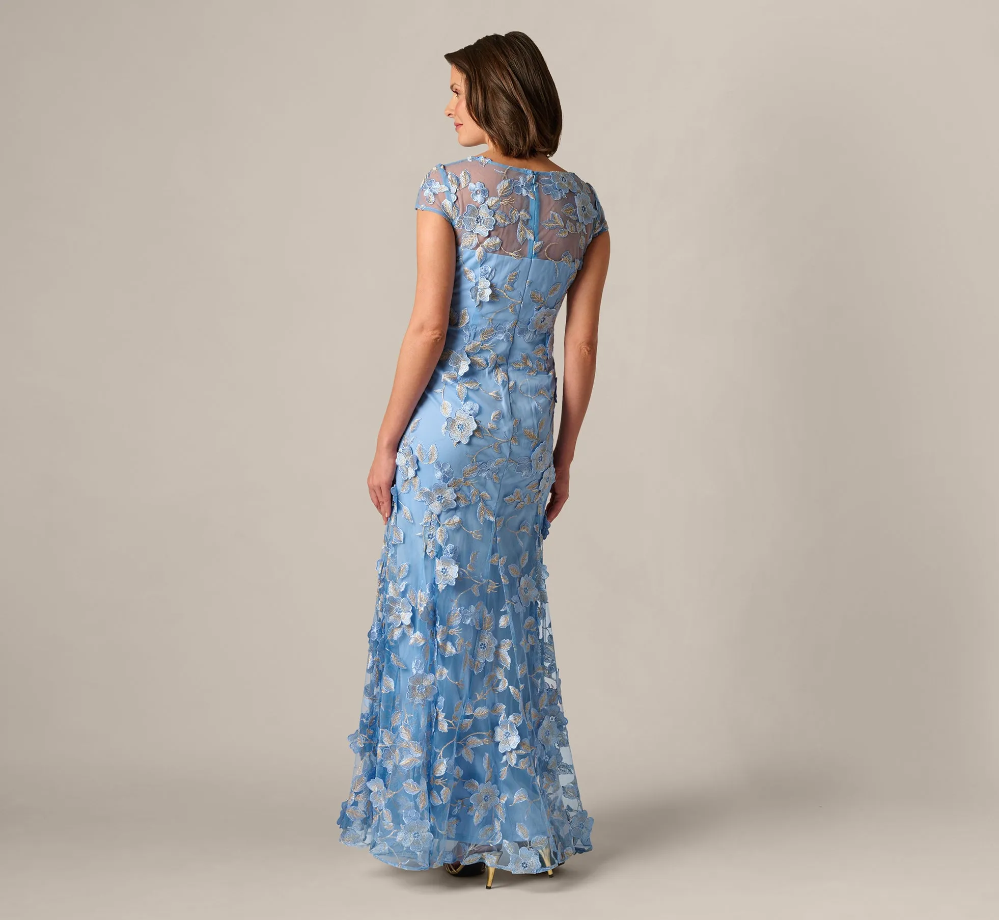Cap Sleeve Floral Embroidered Illusion Godet Gown In Light Blue Gold sold by Adrianna Papell product image thumbnail 5