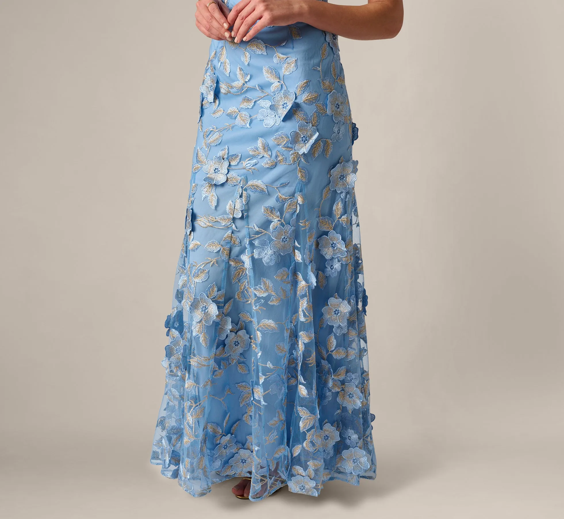 Cap Sleeve Floral Embroidered Illusion Godet Gown In Light Blue Gold sold by Adrianna Papell product image thumbnail 4