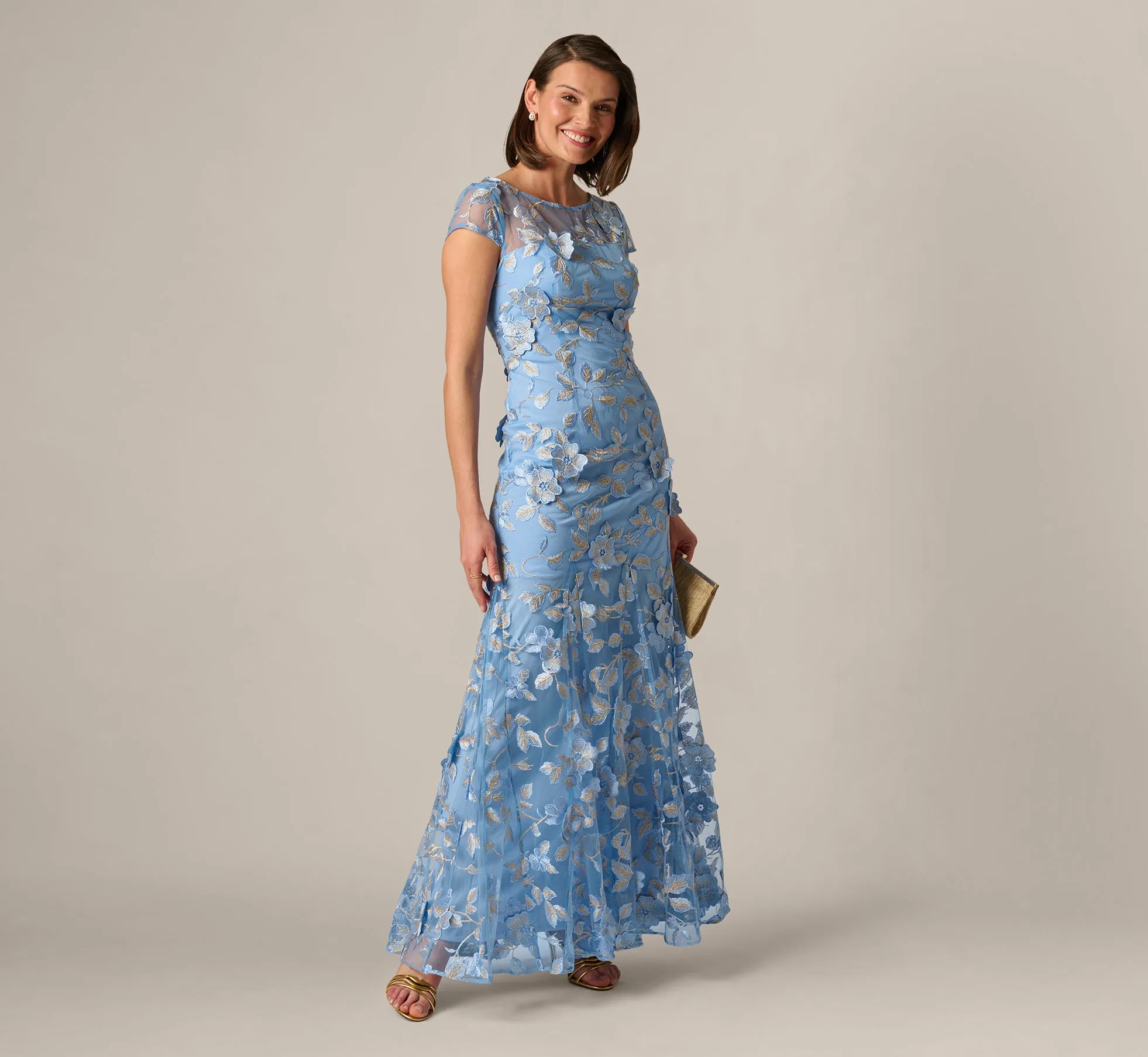 Cap Sleeve Floral Embroidered Illusion Godet Gown In Light Blue Gold sold by Adrianna Papell