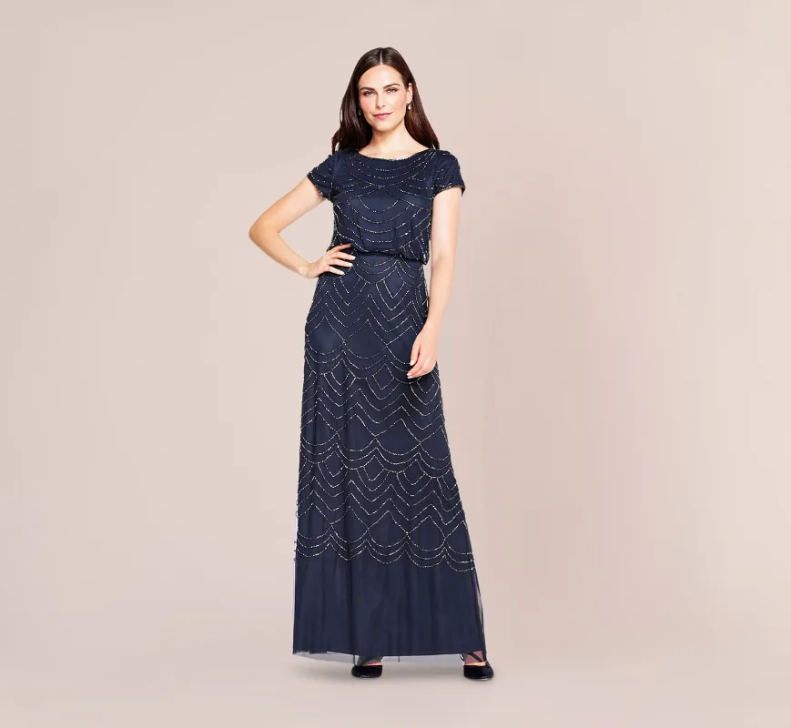 Short Sleeve Beaded Blouson Gown In Navy sold by Adrianna Papell
