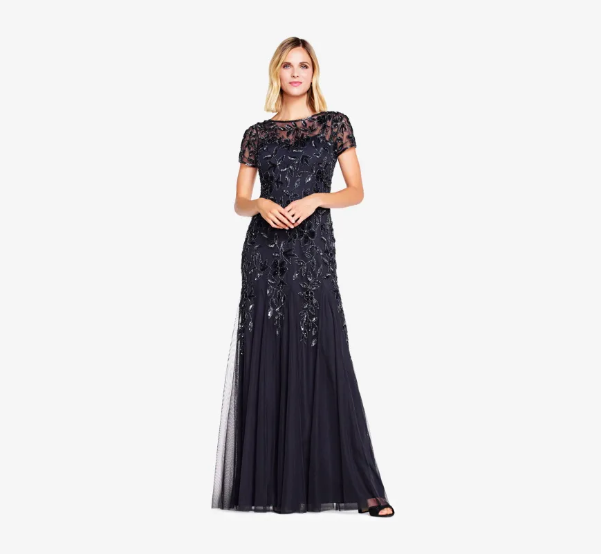 Hand Beaded Short Sleeve Floral Godet Gown In Twilight sold by Adrianna Papell