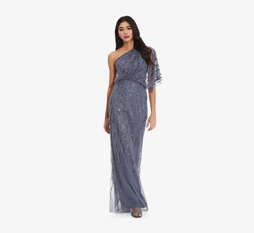 Draped One Shoulder Dress With Sequin Detail In Dusty Blue sold by Adrianna Papell