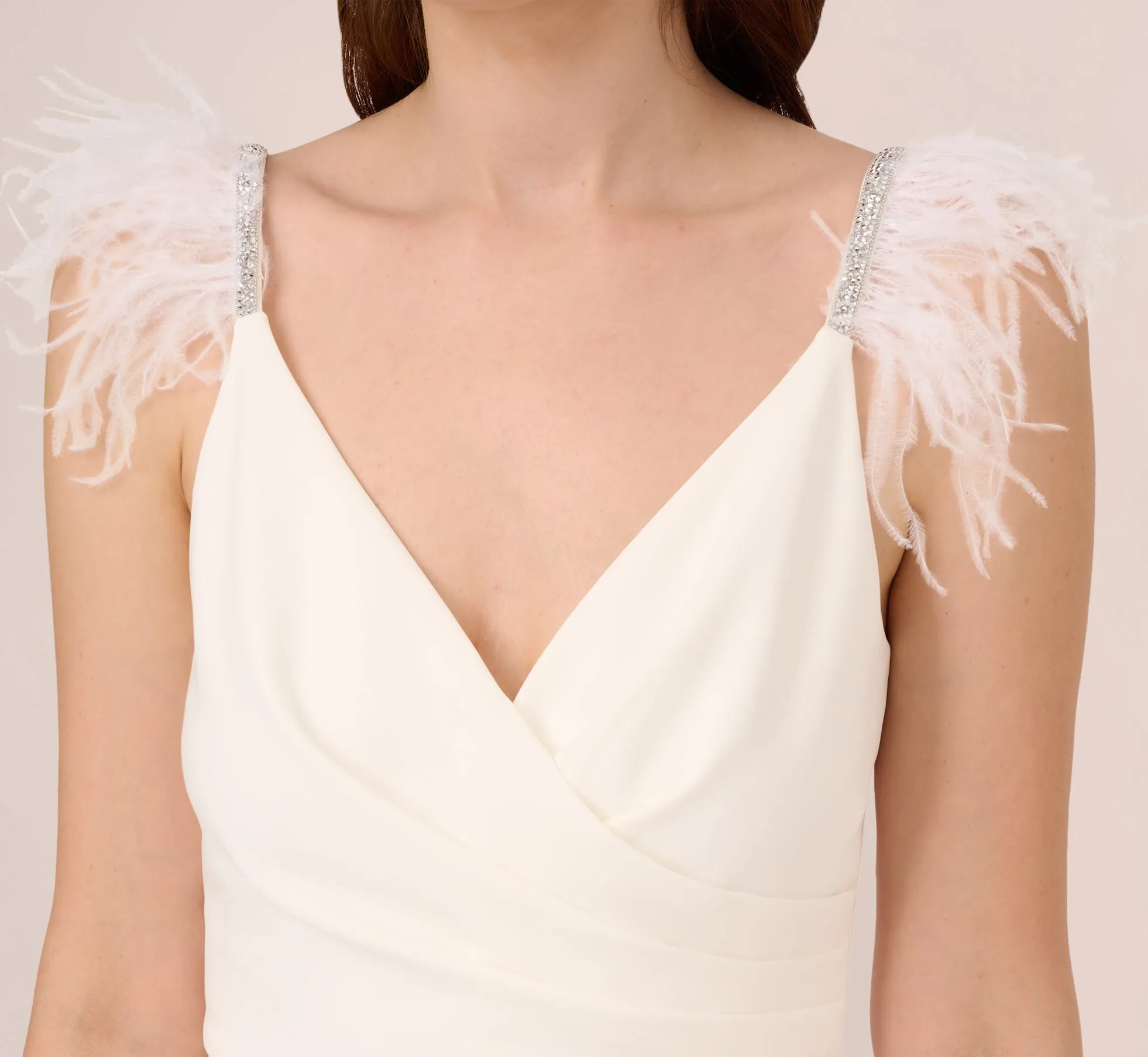 Crepe Wide Leg Jumpsuit With Bead And Feather Accents In Ivory sold by Adrianna Papell product image thumbnail 4