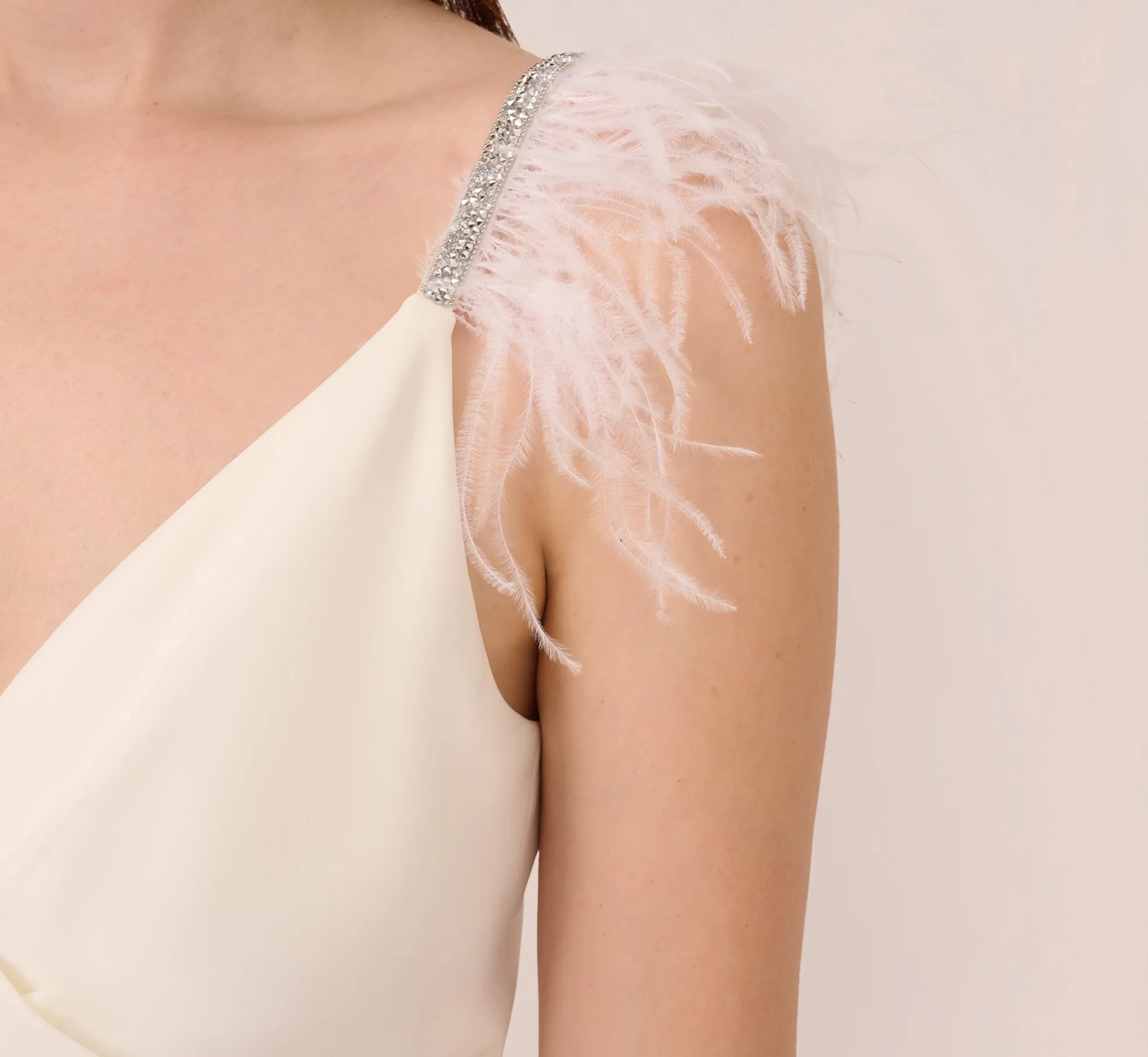Crepe Wide Leg Jumpsuit With Bead And Feather Accents In Ivory sold by Adrianna Papell product image thumbnail 5