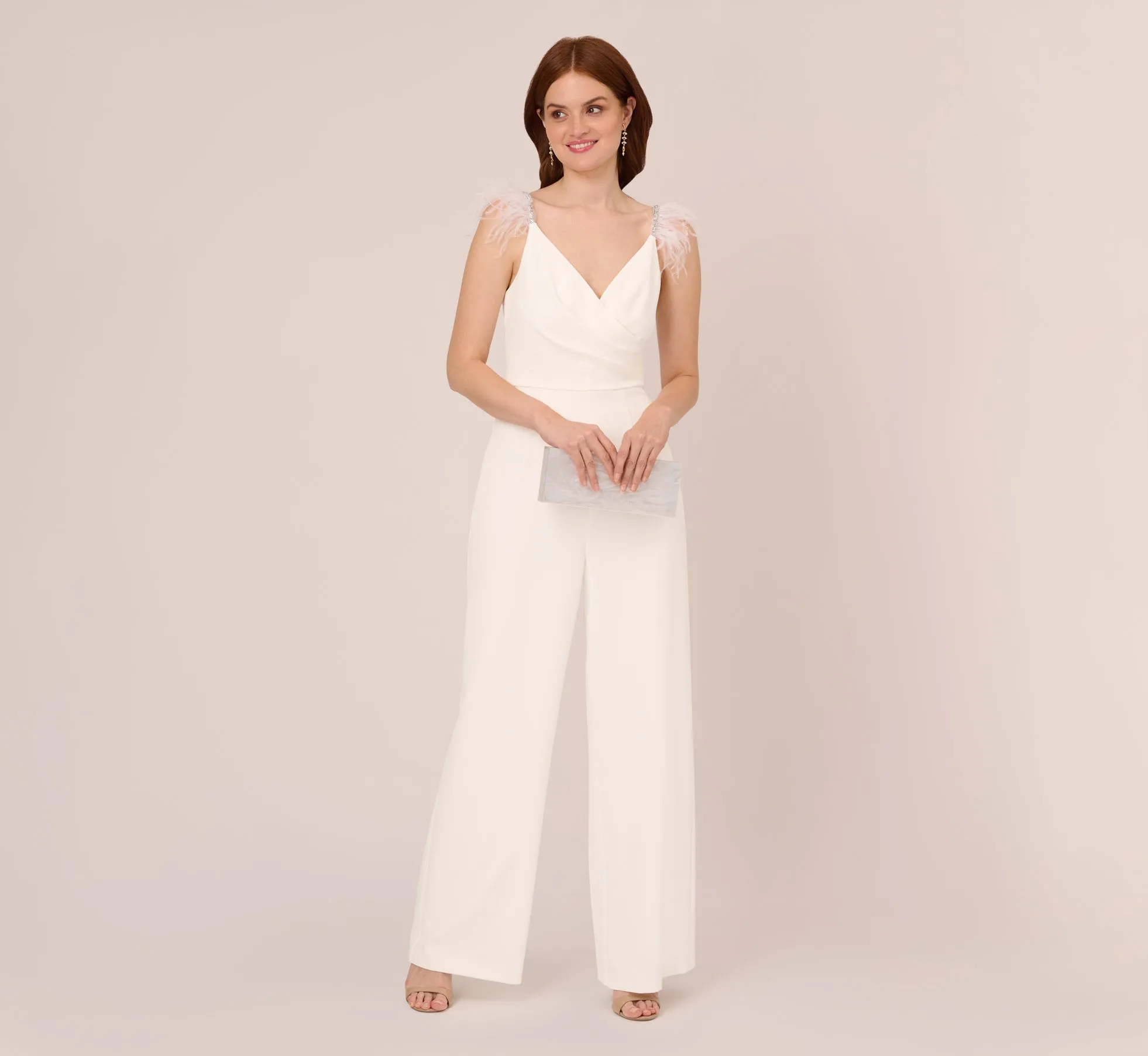 Crepe Wide Leg Jumpsuit With Bead And Feather Accents In Ivory sold by Adrianna Papell product image thumbnail 3