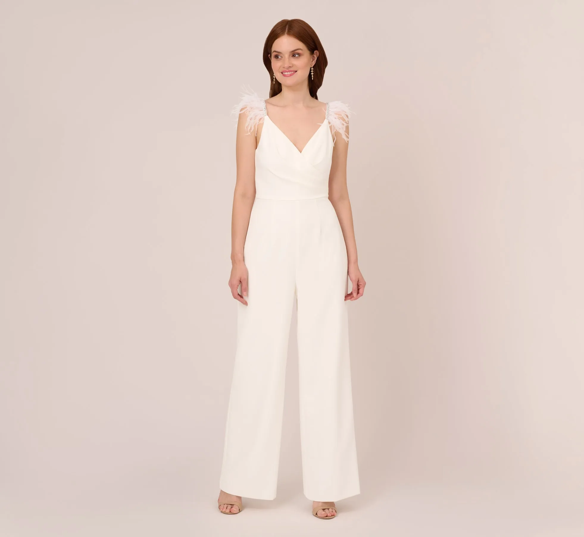 Crepe Wide Leg Jumpsuit With Bead And Feather Accents In Ivory sold by Adrianna Papell product image thumbnail 2