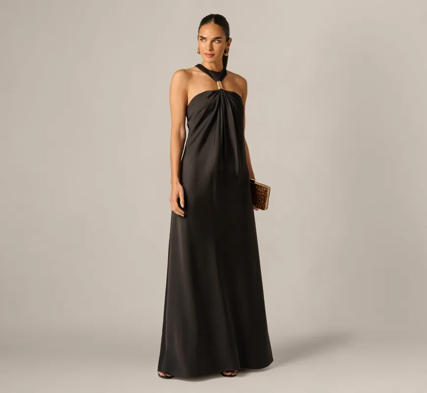 Stretch Satin Hardware Halter Collar Gown In Black made by Adrianna Papell