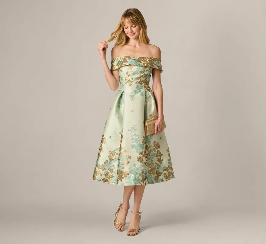 Floral Jacquard Ankle Length Dress With Off The Shoulder Neckline In Sage Gold sold by Adrianna Papell
