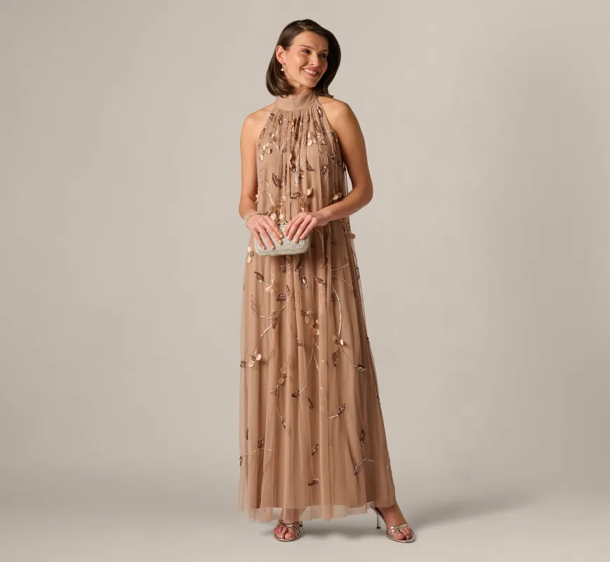 3D Floral Sequin Bead Trapeze Gown In Cafe Mocha sold by Adrianna Papell