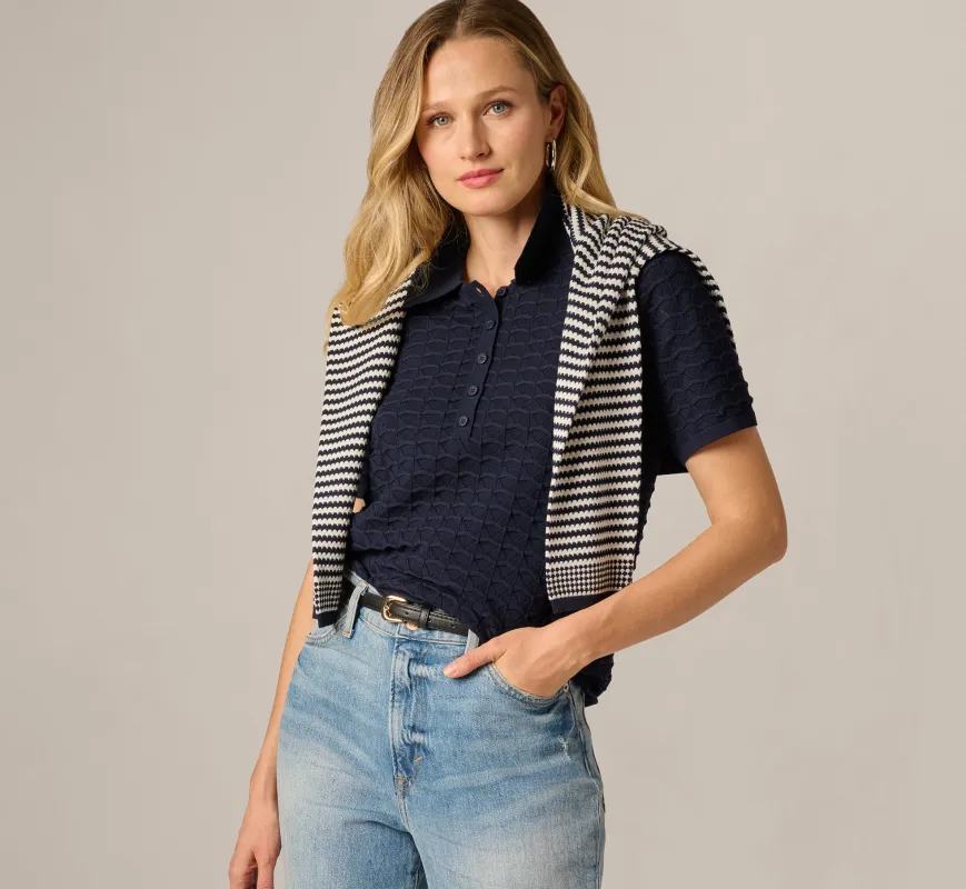 Short Sleeve Open Pointelle Polo Top In Blue Moon sold by Adrianna Papell