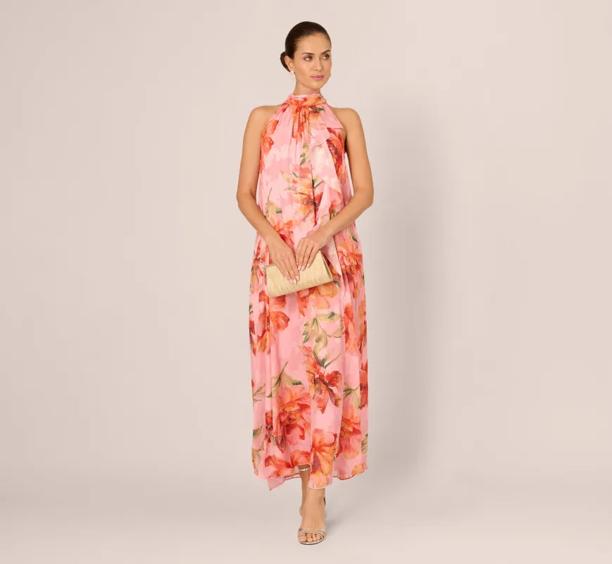 Floral Chiffon Trapeze Halter Gown In Pink Multi made by Adrianna Papell