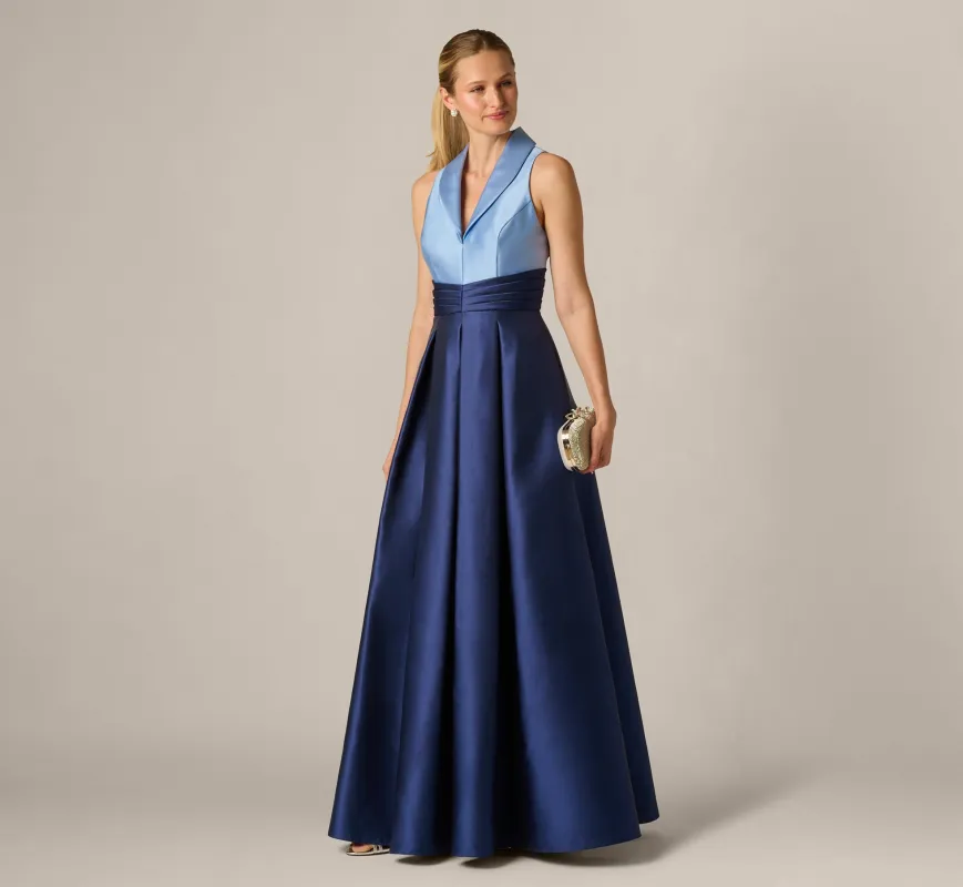 Sleeveless Color Block Tuxedo Ballgown In Icy Topaz Navy sold by Adrianna Papell