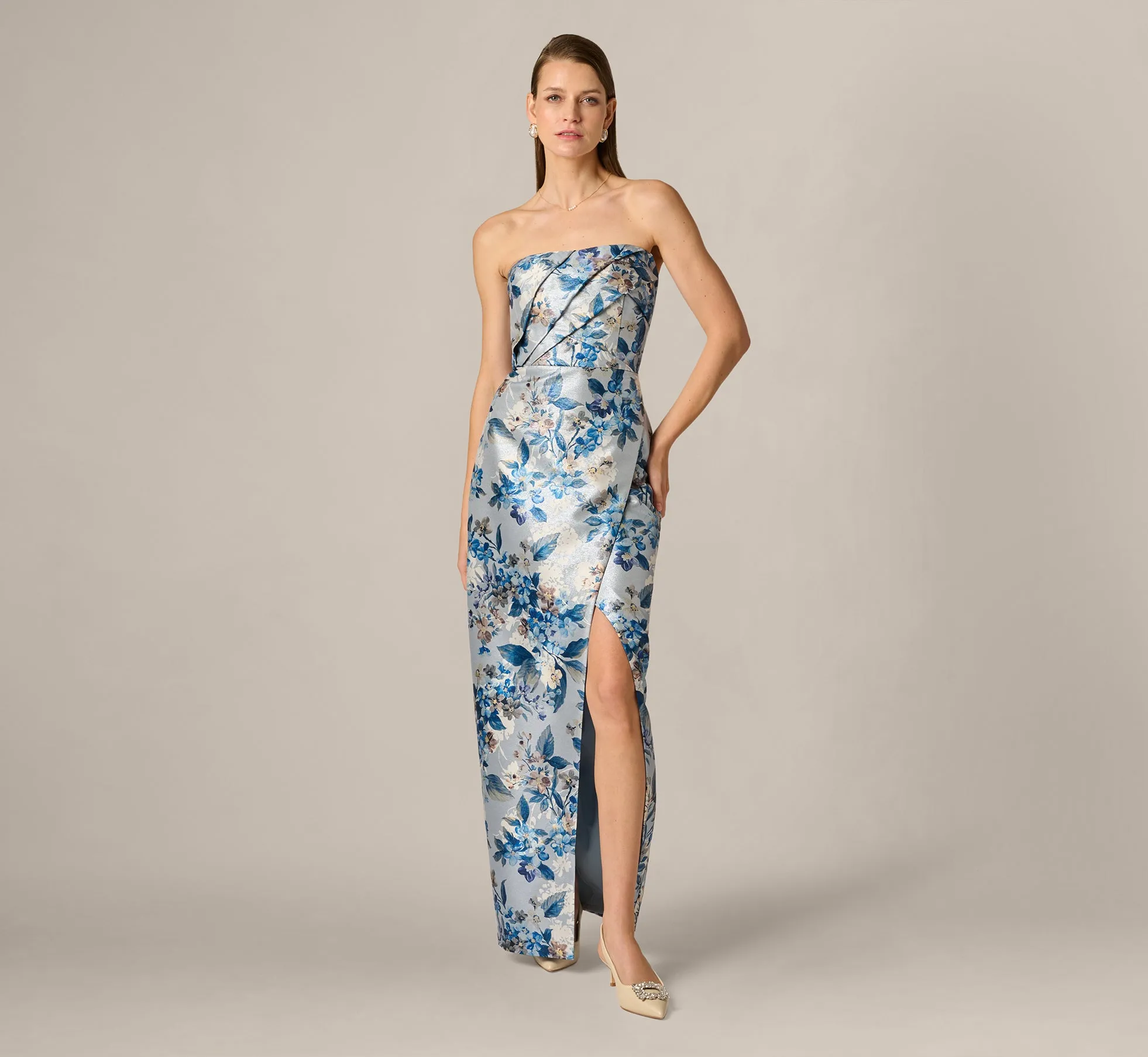 Strapless Pleated Floral Jacquard Wrap Gown In Blue Multi sold by Adrianna Papell product image thumbnail 2