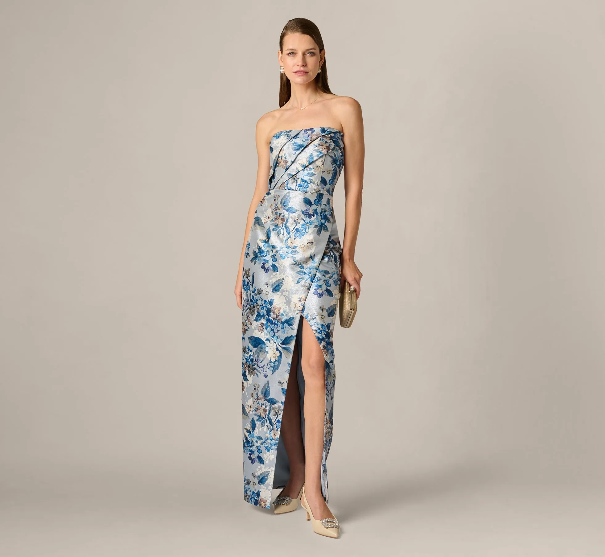 Strapless Pleated Floral Jacquard Wrap Gown In Blue Multi sold by Adrianna Papell