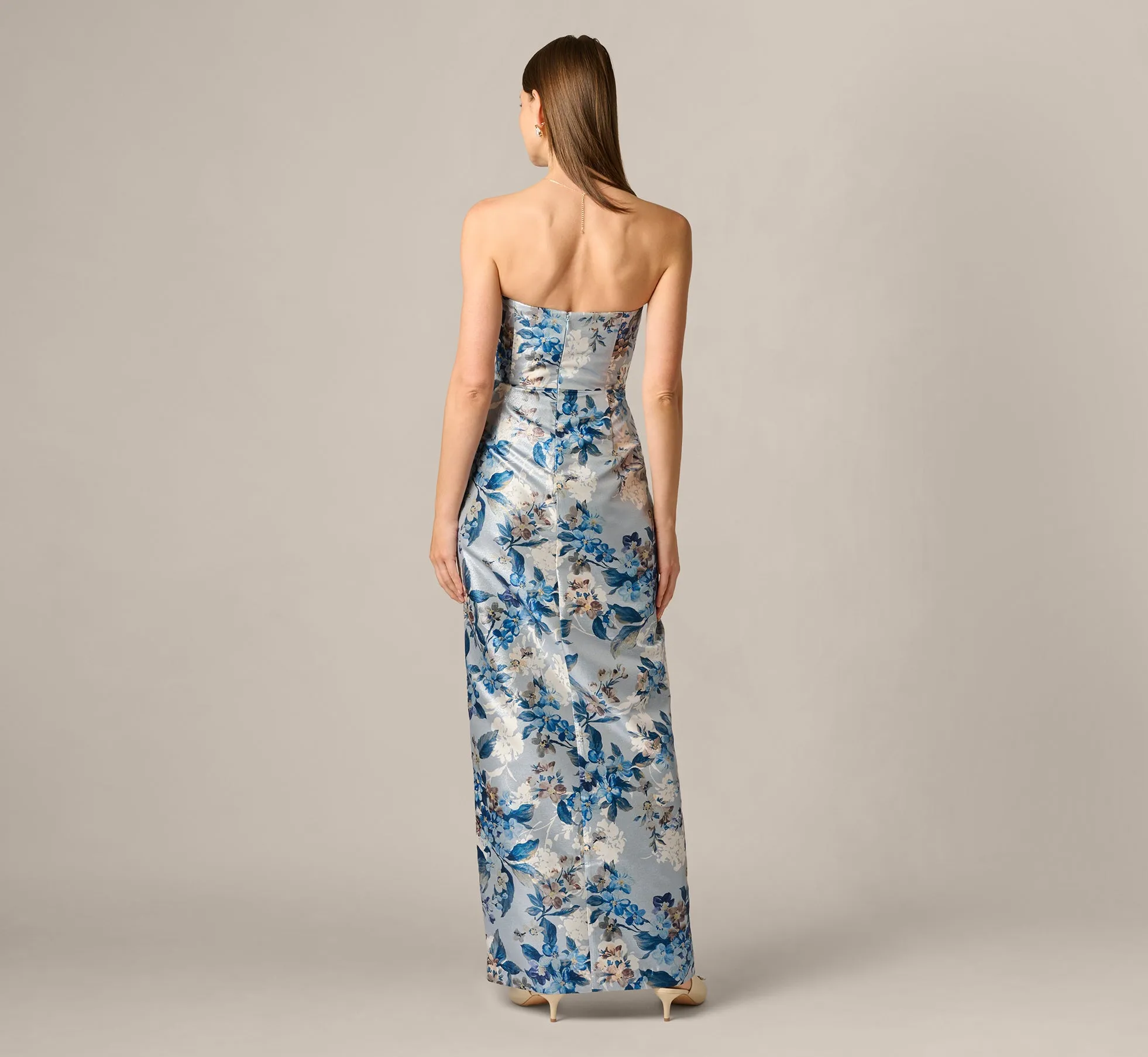 Strapless Pleated Floral Jacquard Wrap Gown In Blue Multi sold by Adrianna Papell product image thumbnail 5