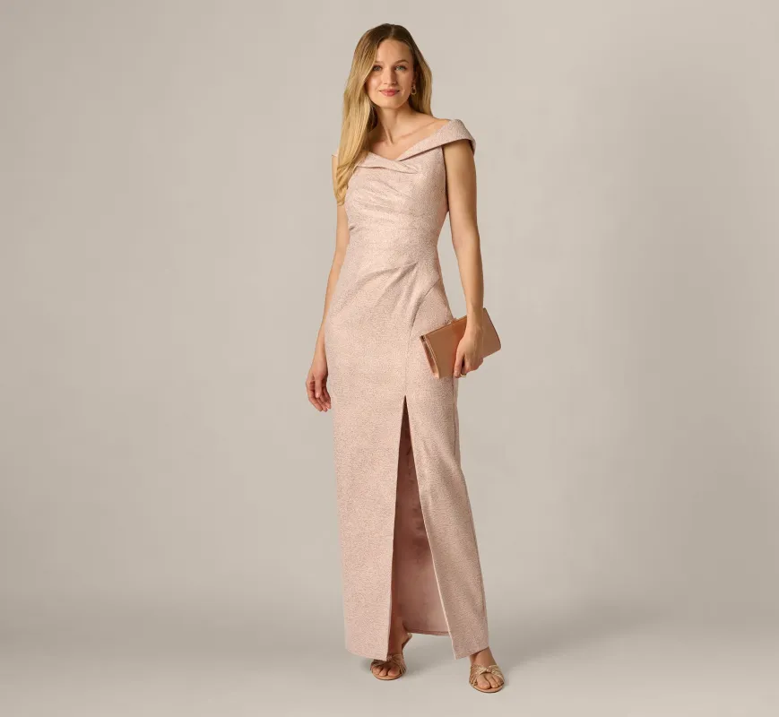 Off Shoulder Draped Stretch Jacquard Gown In Blush sold by Adrianna Papell