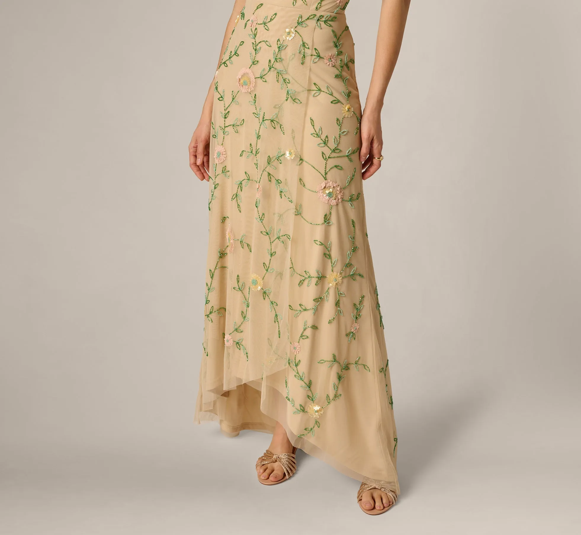 One Shoulder Floral Vine Beaded High Low Gown In Light Champagne sold by Adrianna Papell product image thumbnail 4