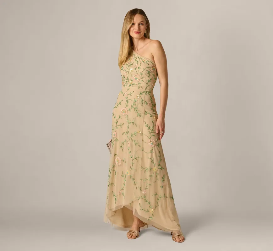 One Shoulder Floral Vine Beaded High Low Gown In Light Champagne sold by Adrianna Papell