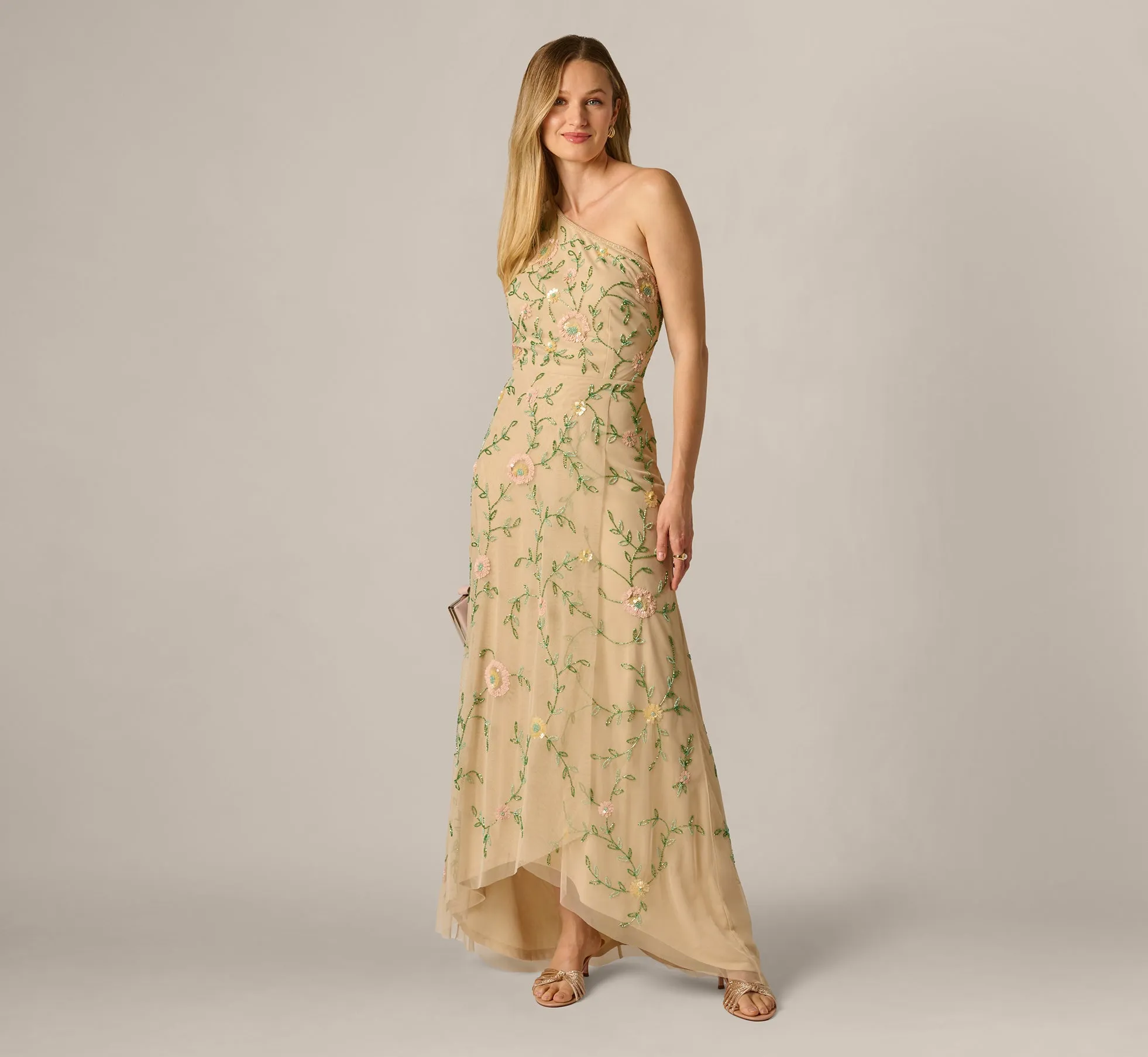 One Shoulder Floral Vine Beaded High Low Gown In Light Champagne sold by Adrianna Papell