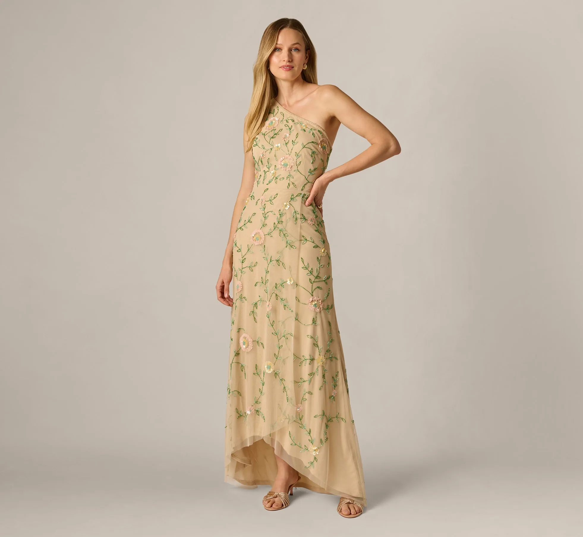 One Shoulder Floral Vine Beaded High Low Gown In Light Champagne sold by Adrianna Papell product image thumbnail 2