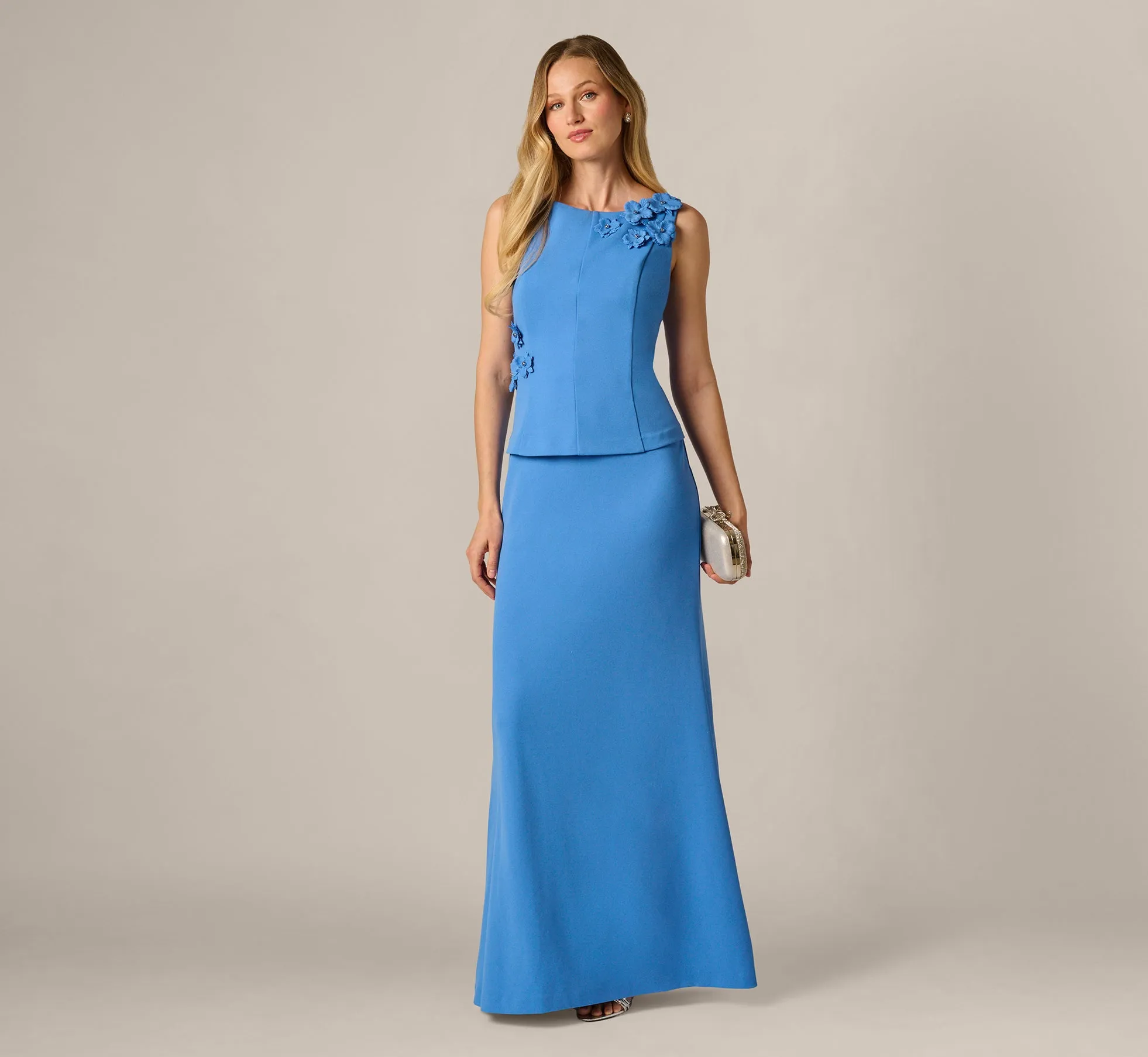 3D Floral Peplum Stretch Mermaid Gown In Cool Water sold by Adrianna Papell