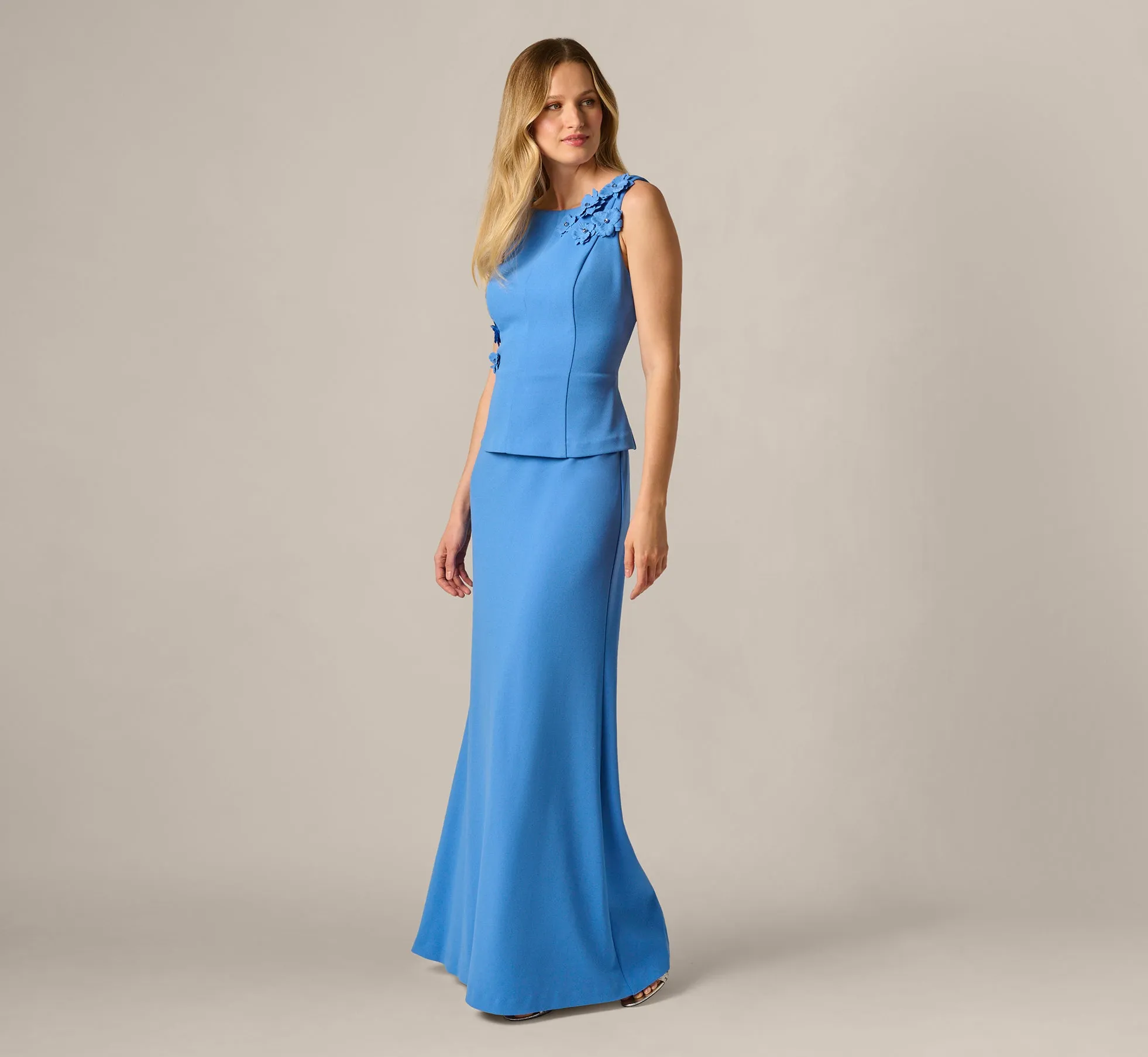 3D Floral Peplum Stretch Mermaid Gown In Cool Water sold by Adrianna Papell product image thumbnail 2