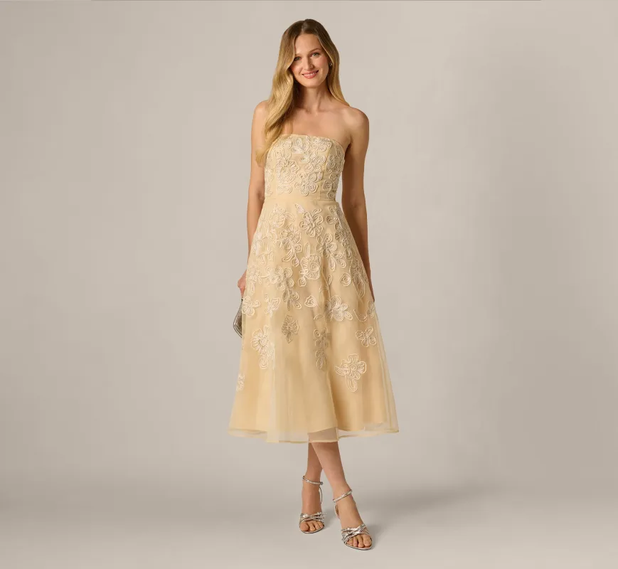Strapless Floral Embroidered Organza Midi Dress In Maize made by Adrianna Papell