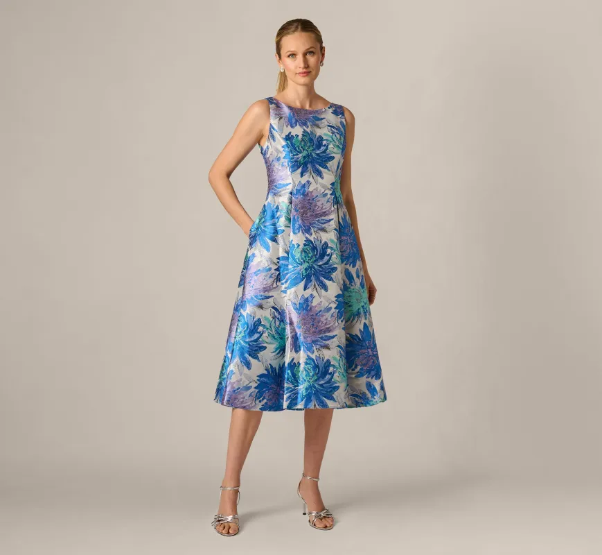 Chrysanthemum Floral Jacquard Fit And Flare Tea Length Dress In Blue Multi sold by Adrianna Papell