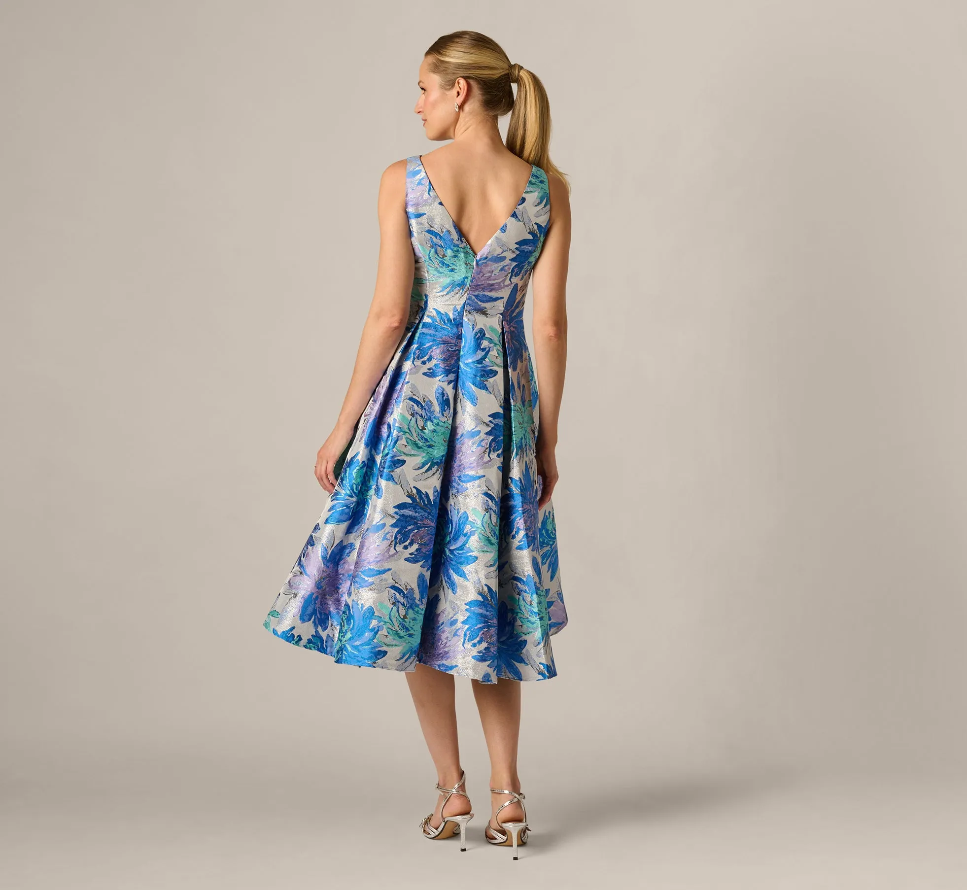 Chrysanthemum Floral Jacquard Fit And Flare Tea Length Dress In Blue Multi sold by Adrianna Papell product image thumbnail 5