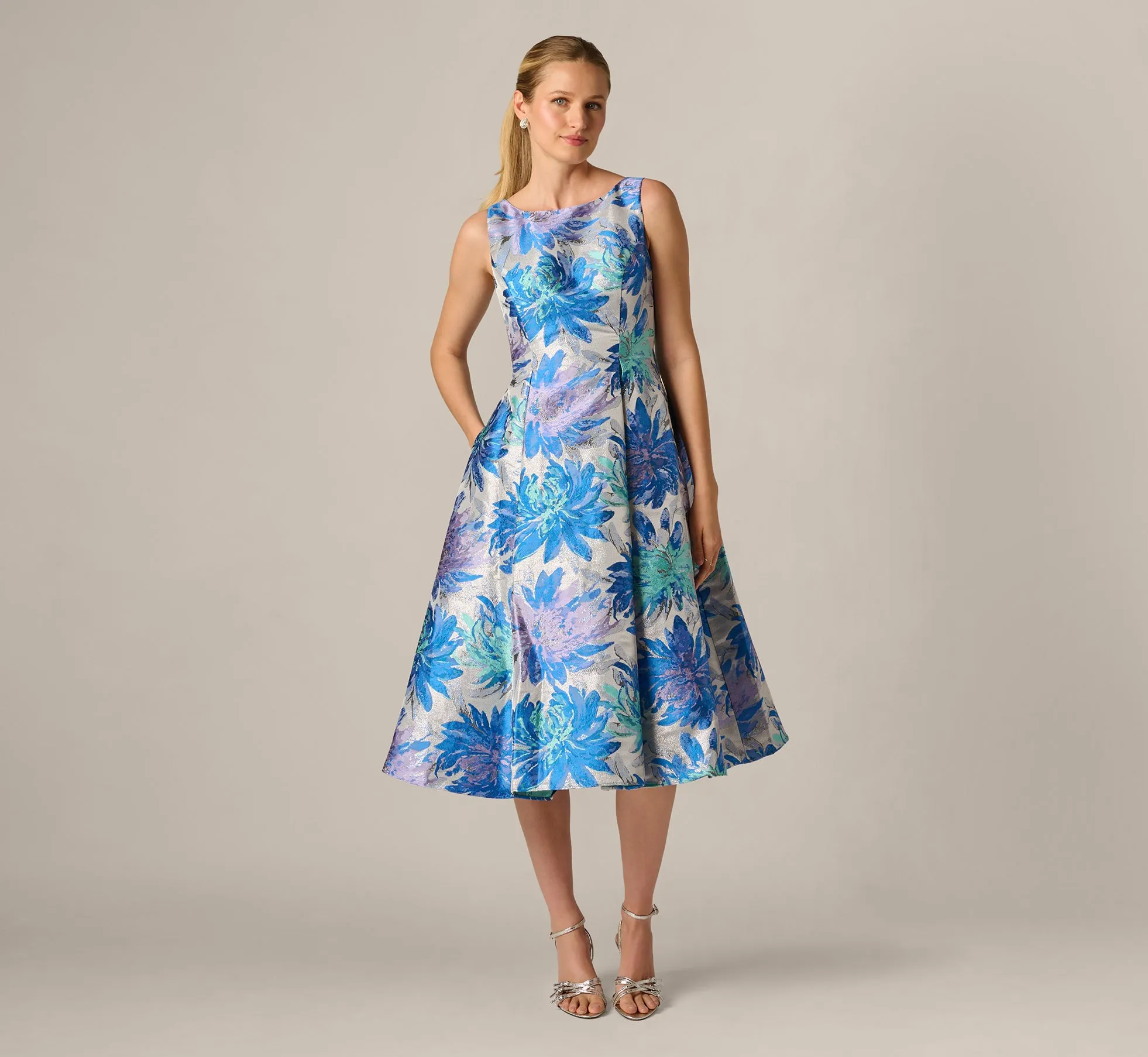 Chrysanthemum Floral Jacquard Fit And Flare Tea Length Dress In Blue Multi sold by Adrianna Papell product image thumbnail 2