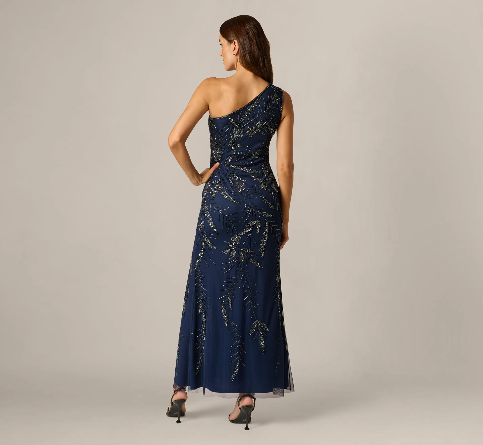 One Shoulder Floral Sequin Bead Gown In Light Navy sold by Adrianna Papell product image thumbnail 5