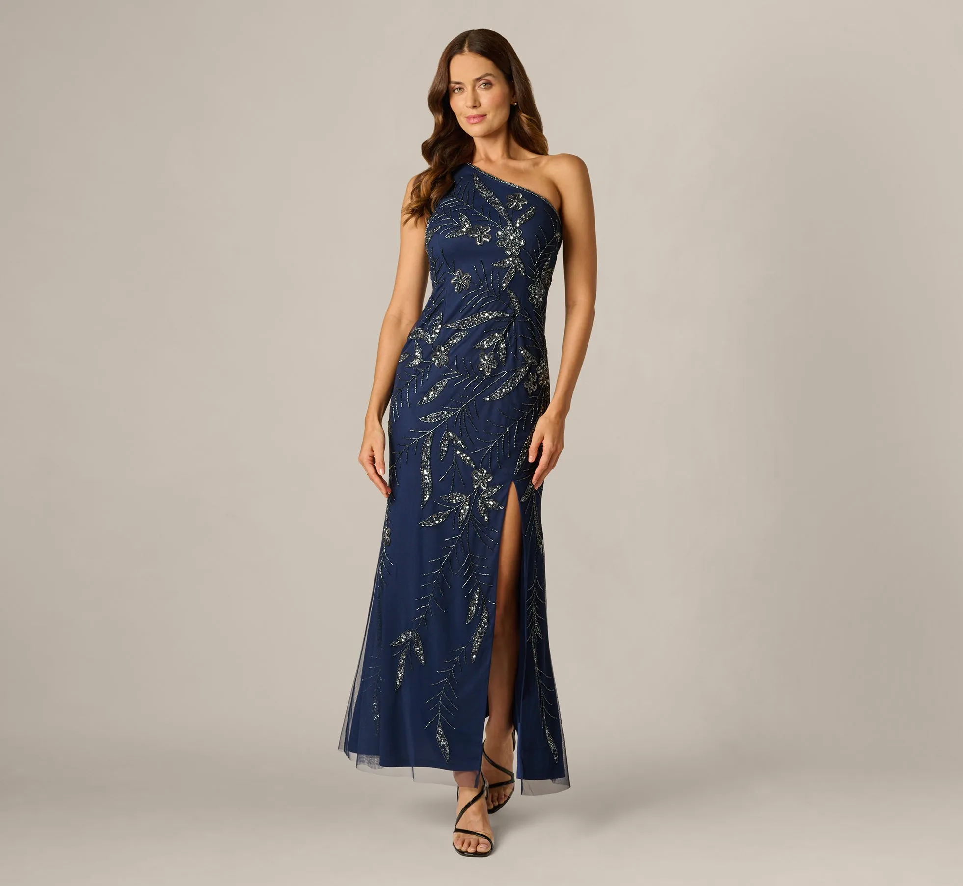 One Shoulder Floral Sequin Bead Gown In Light Navy sold by Adrianna Papell product image thumbnail 2
