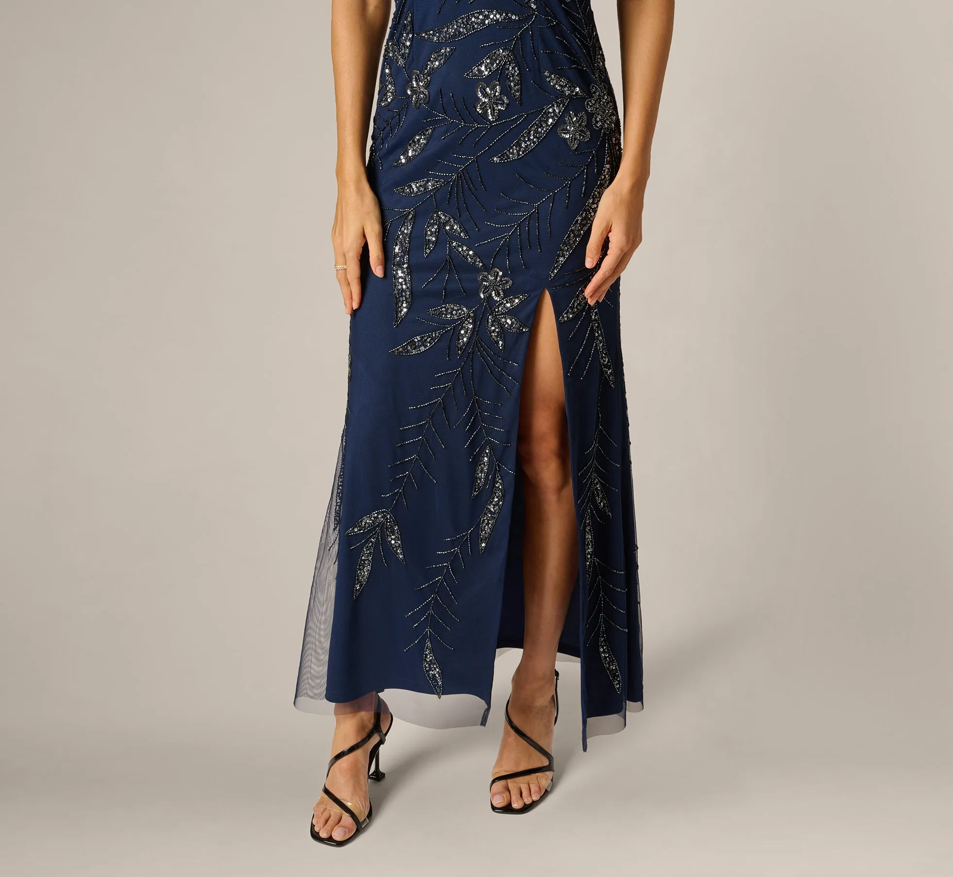 One Shoulder Floral Sequin Bead Gown In Light Navy sold by Adrianna Papell product image thumbnail 4