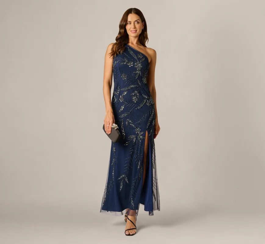 One Shoulder Floral Sequin Bead Gown In Light Navy sold by Adrianna Papell