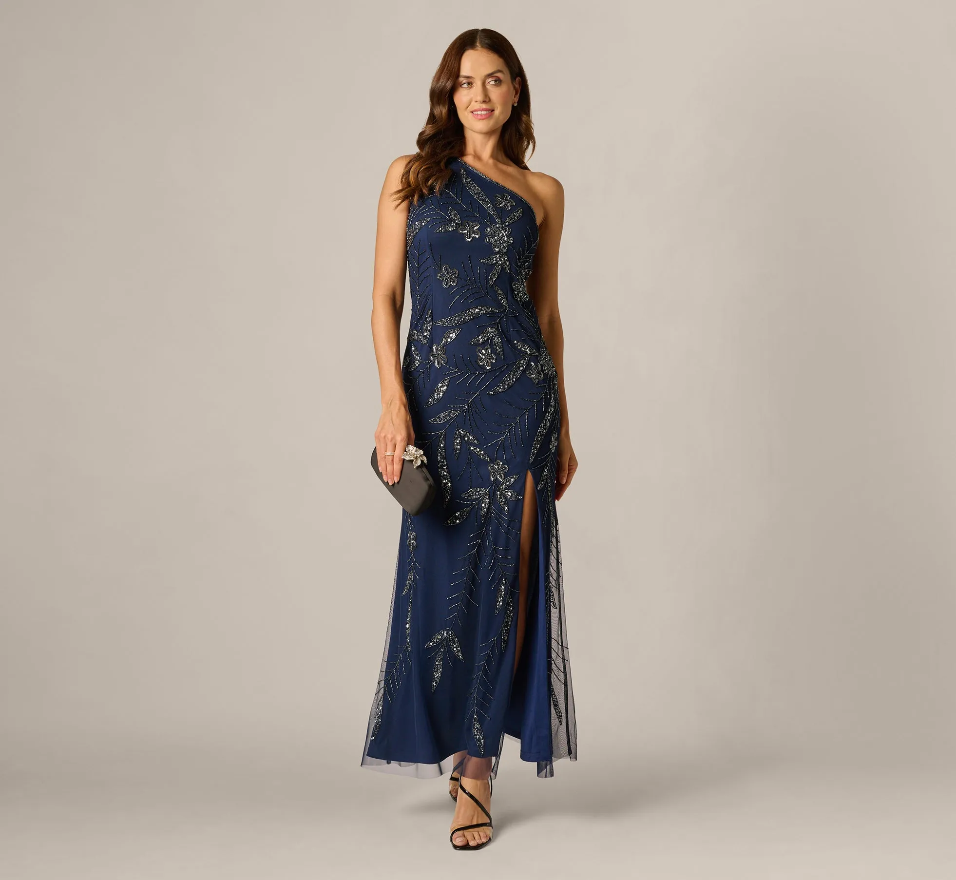 One Shoulder Floral Sequin Bead Gown In Light Navy sold by Adrianna Papell