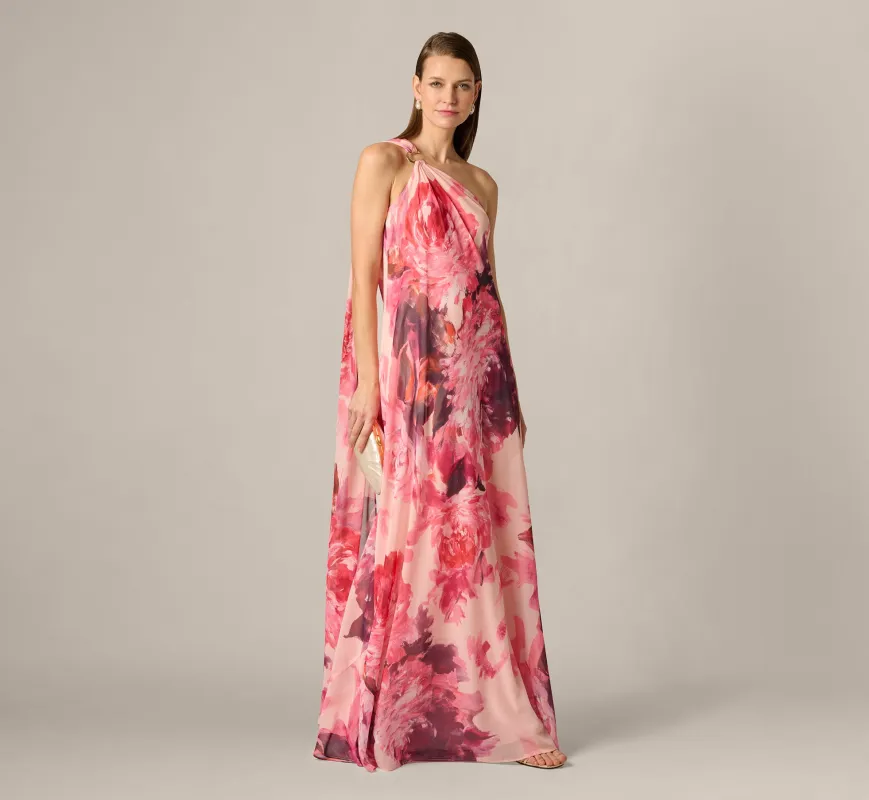 One Shoulder Peony Floral Chiffon Scarf Gown In Pink Multi sold by Adrianna Papell