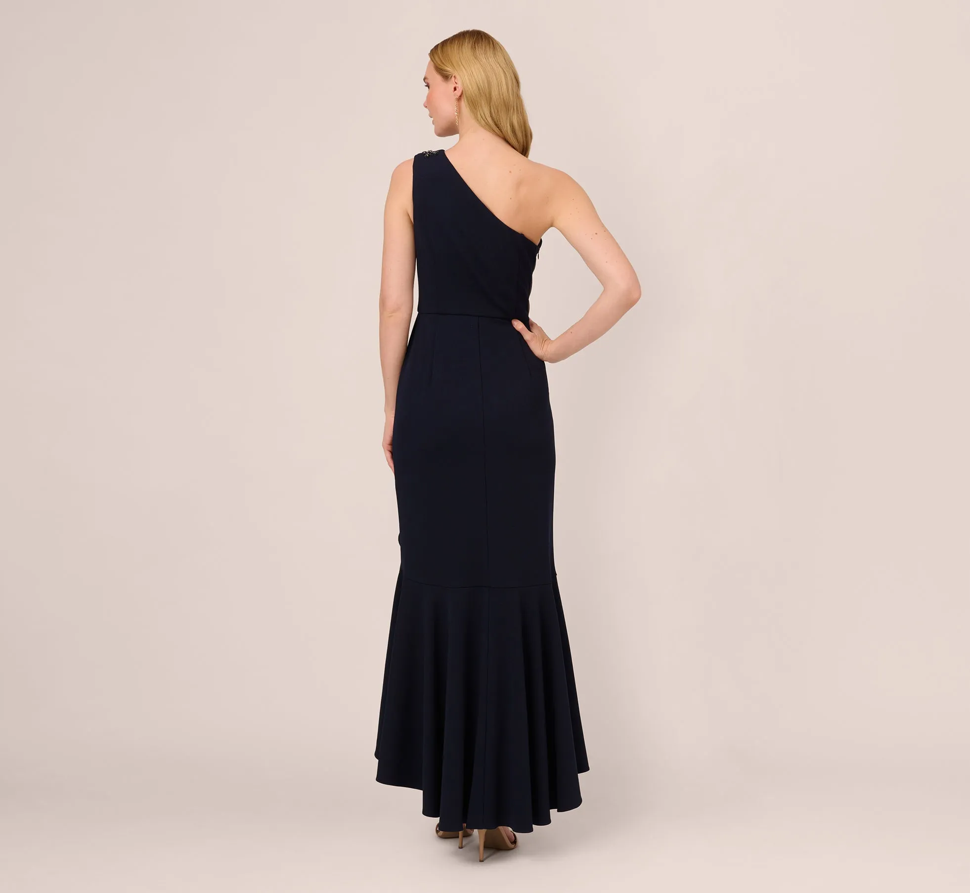One Shoulder Ruffled Crepe Gown With Beaded Accent In Midnight sold by Adrianna Papell product image thumbnail 5
