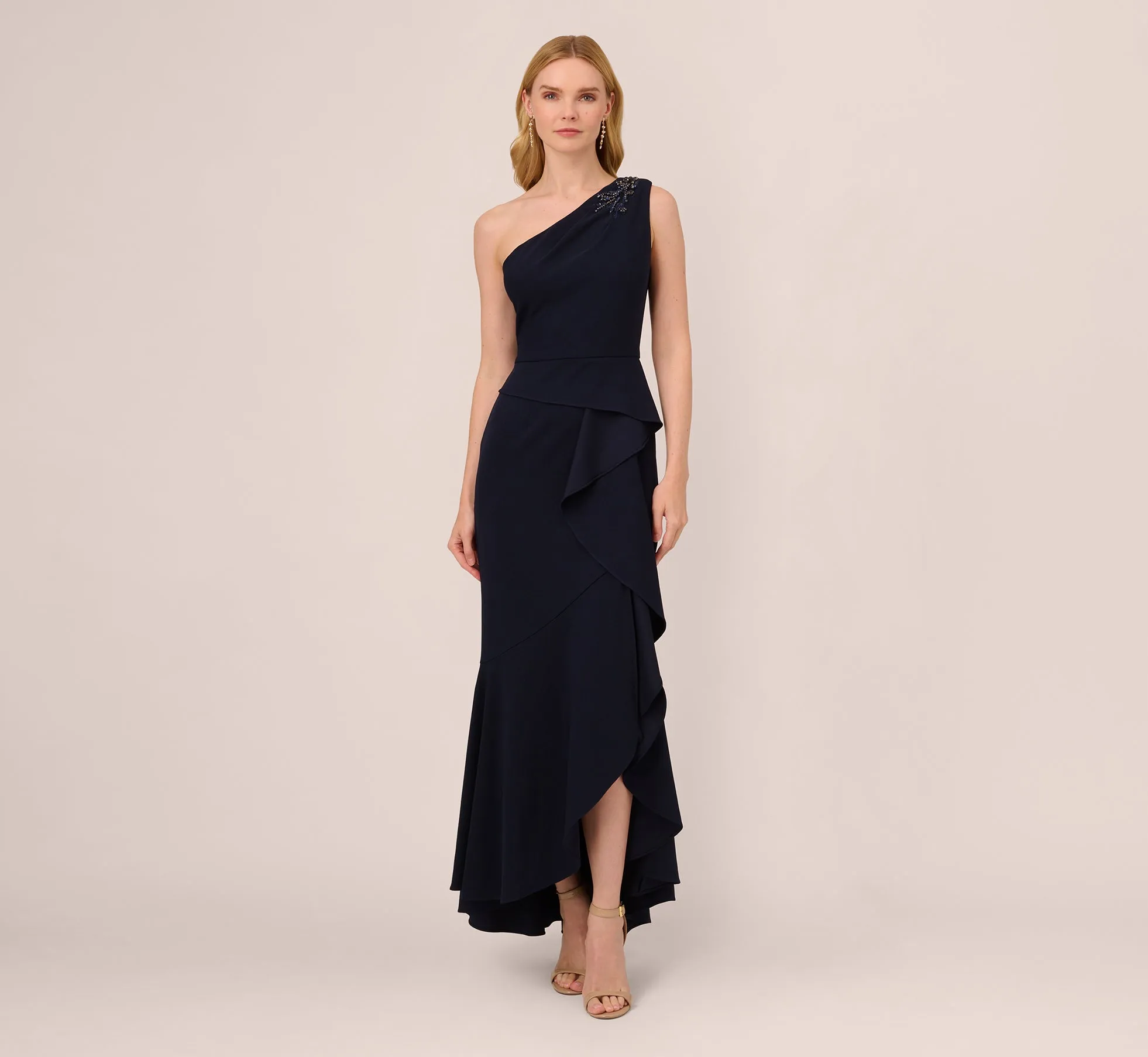 One Shoulder Ruffled Crepe Gown With Beaded Accent In Midnight sold by Adrianna Papell product image thumbnail 2