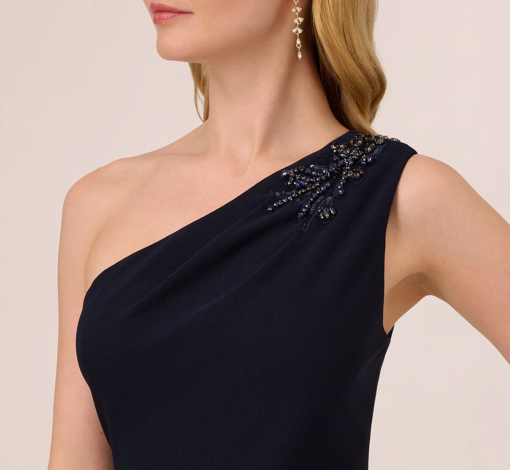 One Shoulder Ruffled Crepe Gown With Beaded Accent In Midnight sold by Adrianna Papell product image thumbnail 3