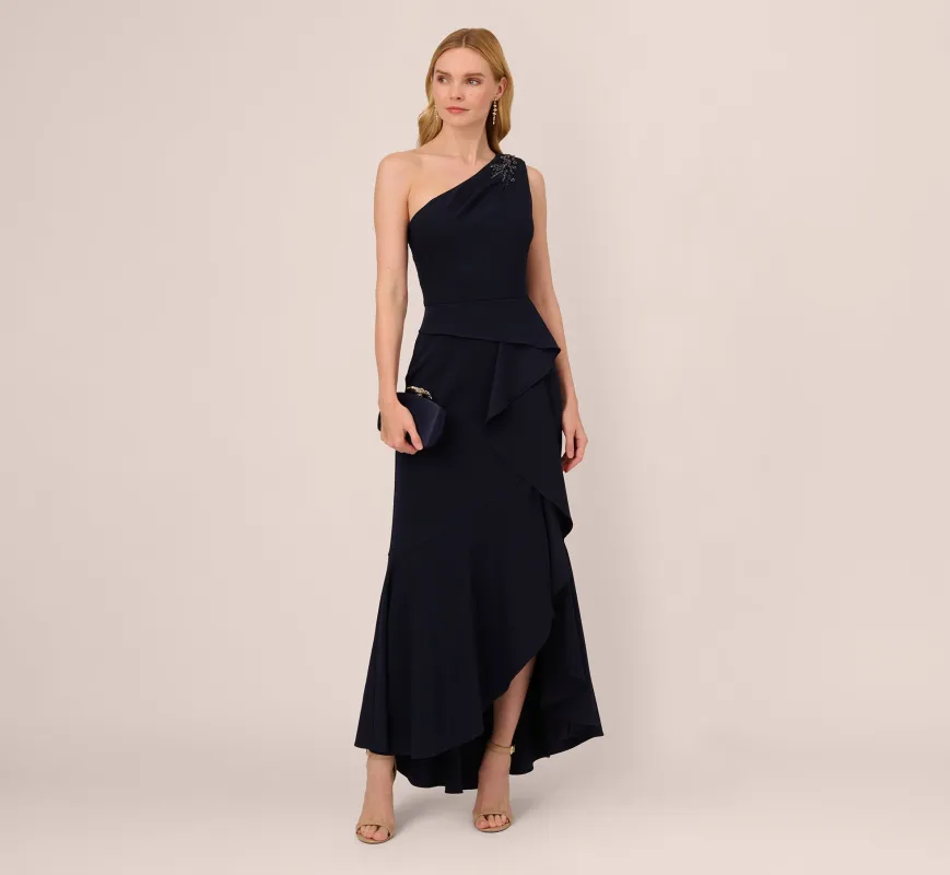 One Shoulder Ruffled Crepe Gown With Beaded Accent In Midnight made by Adrianna Papell