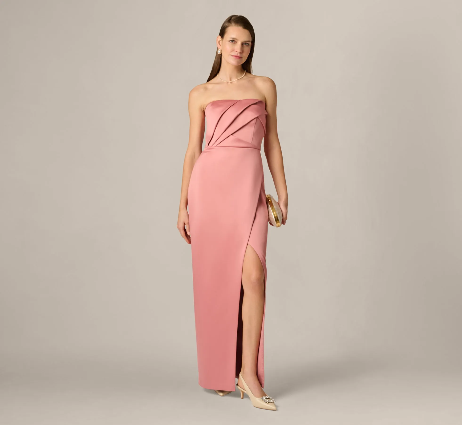 Strapless Duchess Satin Pleated Gown In Rose sold by Adrianna Papell