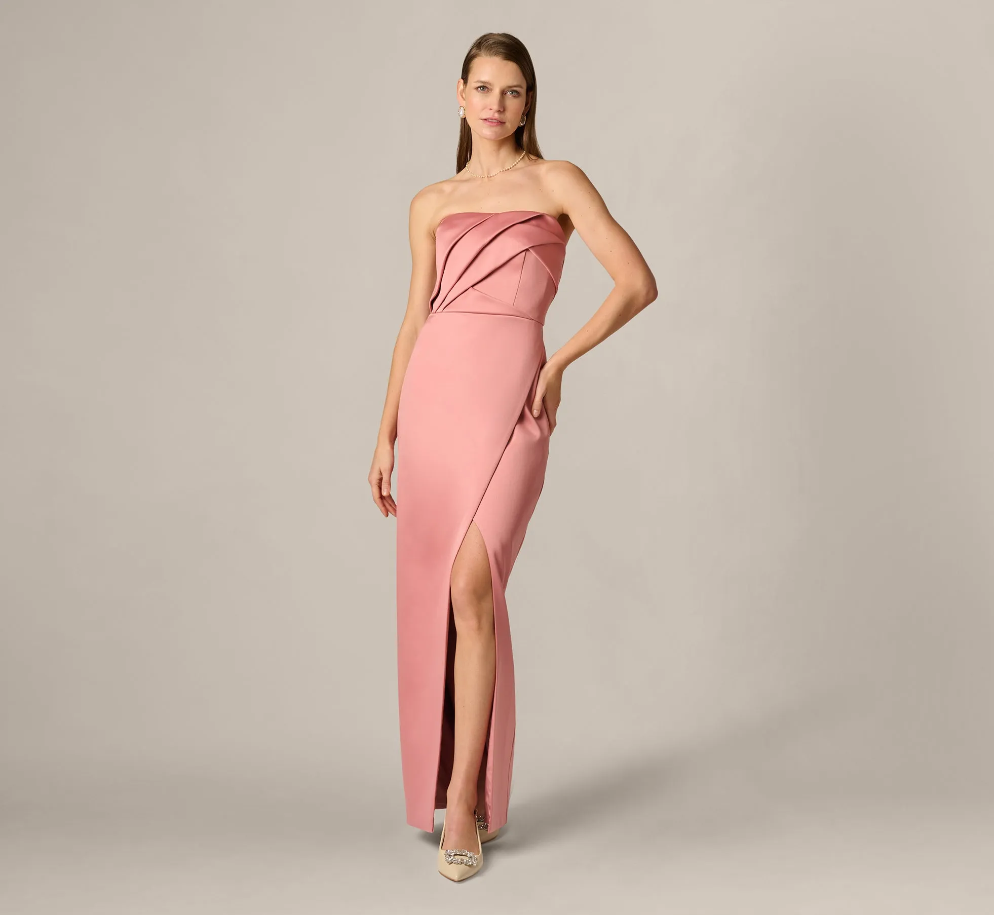 Strapless Duchess Satin Pleated Gown In Rose sold by Adrianna Papell product image thumbnail 2
