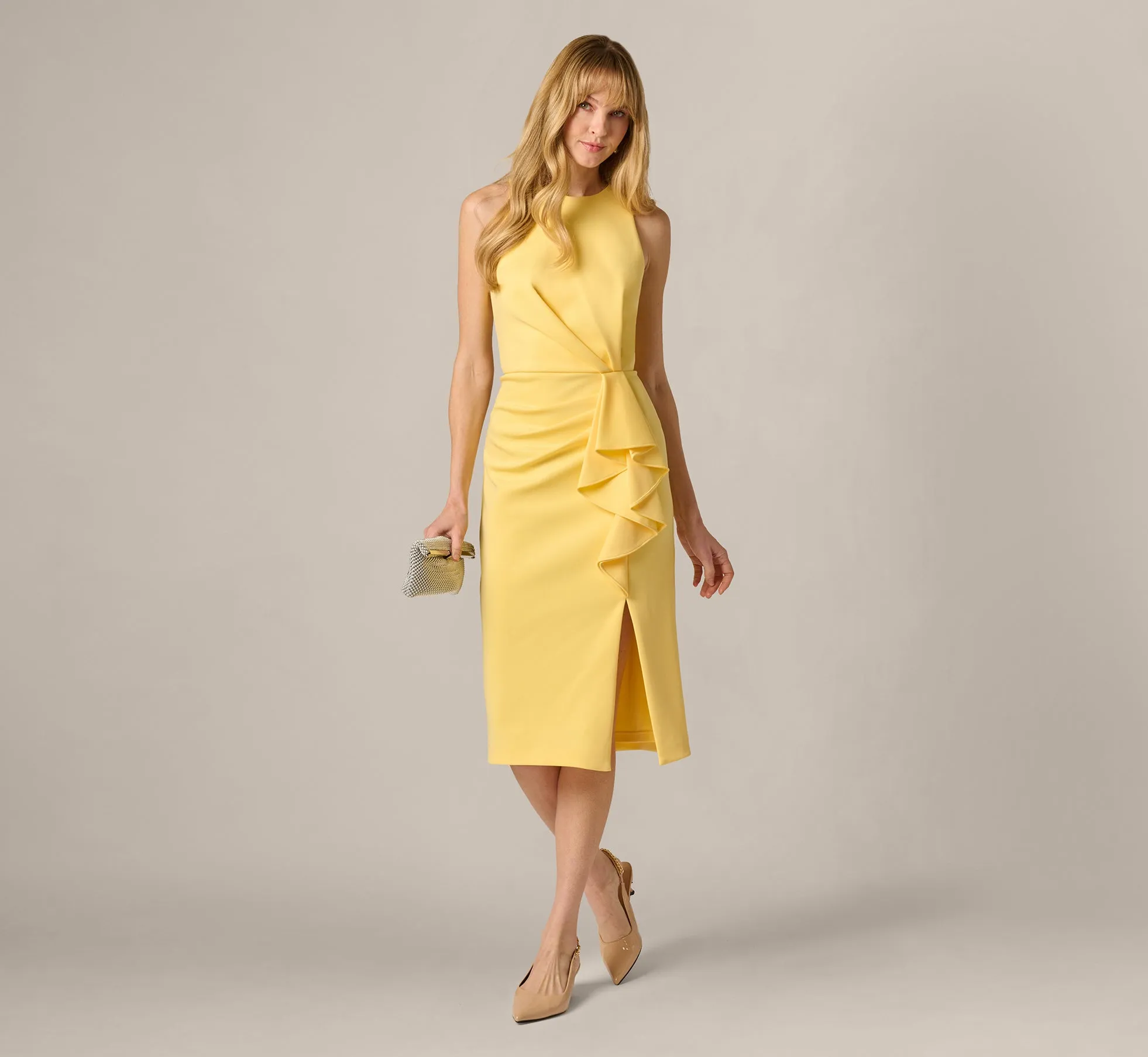 Sleeveless Draped Stretch Sheath Dress In Warm Sun sold by Adrianna Papell