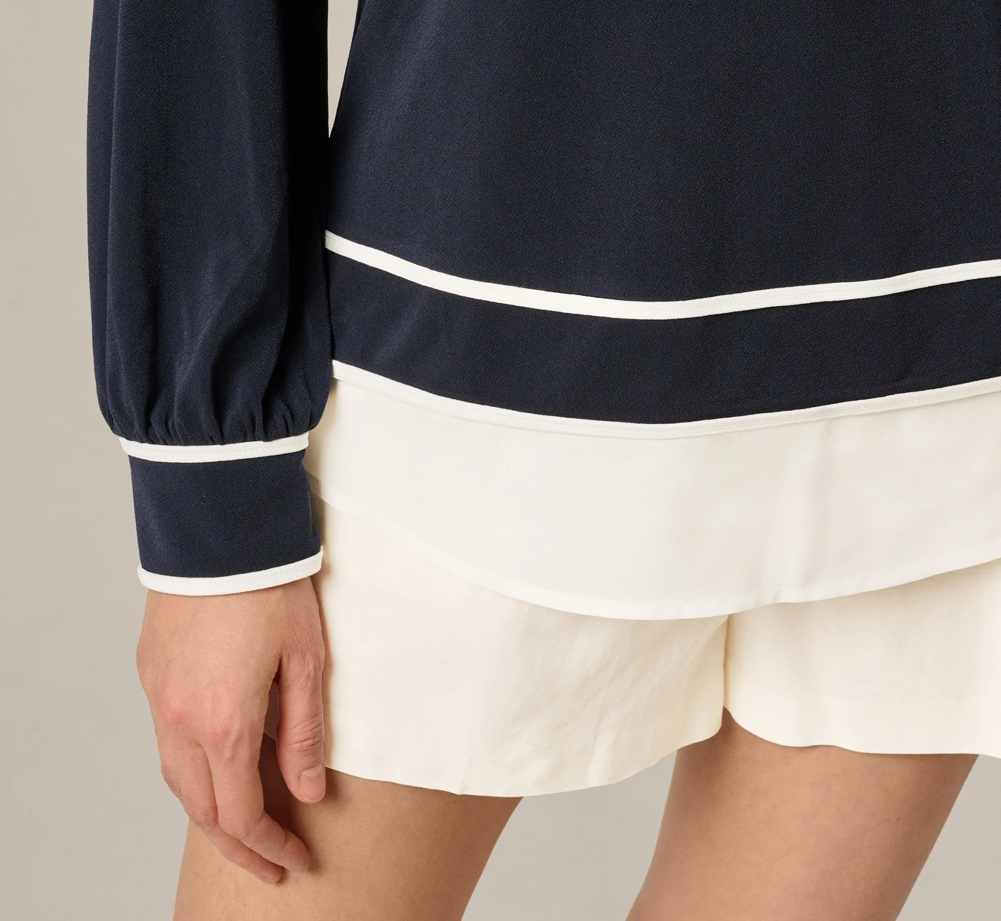 Long Sleeve Collared Twofer Tipped Sweater In Navy Ivory W Ivory sold by Adrianna Papell product image thumbnail 5