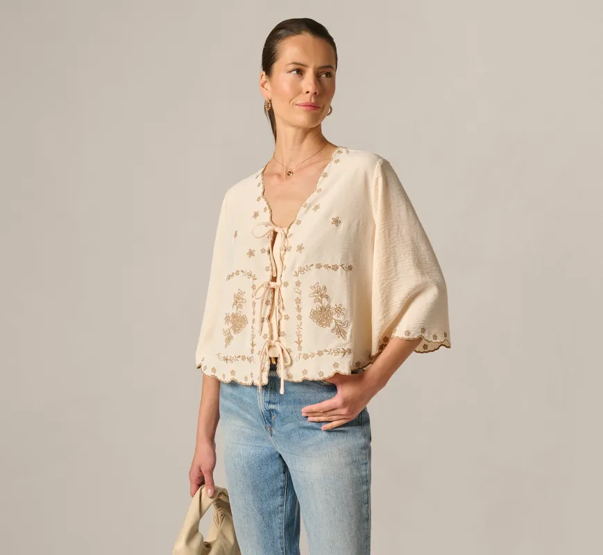 Bell Sleeve Embroidery Scalloped Tie Front Top In Peach Vanilla Brown sold by Adrianna Papell