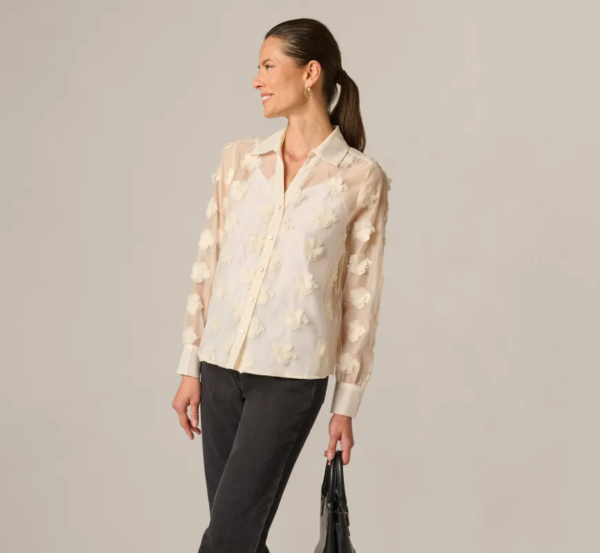 Long Sleeve Sheer 3D Floral Petal Blouse In Cream Frosting sold by Adrianna Papell