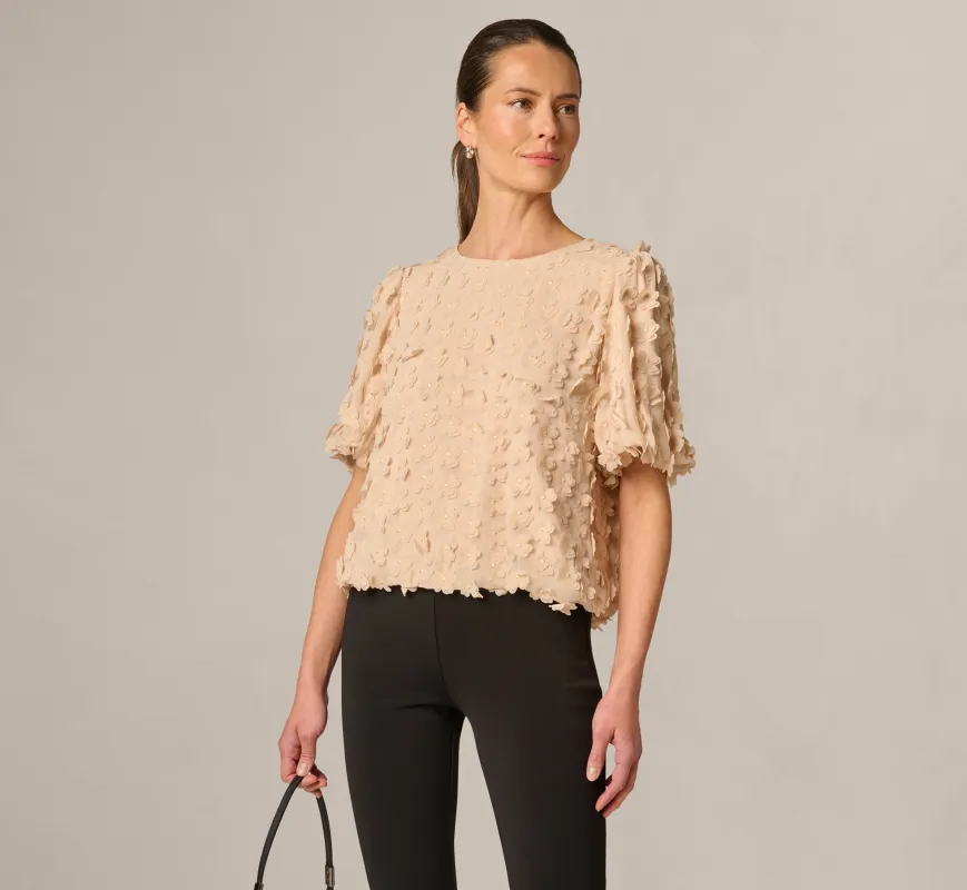 Short Sleeve 3D Flower Bubble Top In Champagne Blush sold by Adrianna Papell