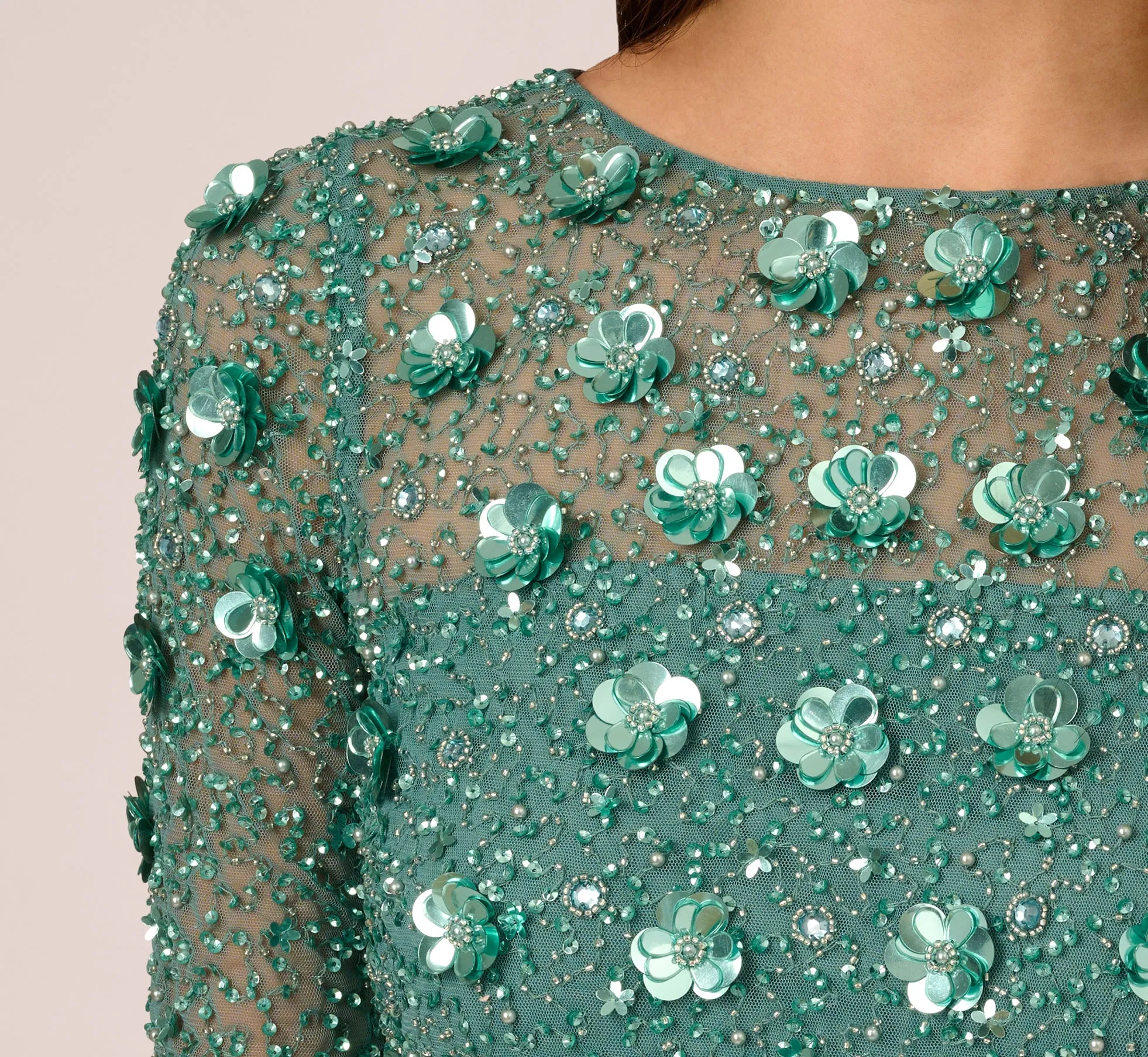 Long Hand Beaded 3D Floral Dress With Elbow Sleeves In Green Slate sold by Adrianna Papell product image thumbnail 3